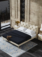 Genuine Leather Upholstered Bed with Low-Profile Headboard
