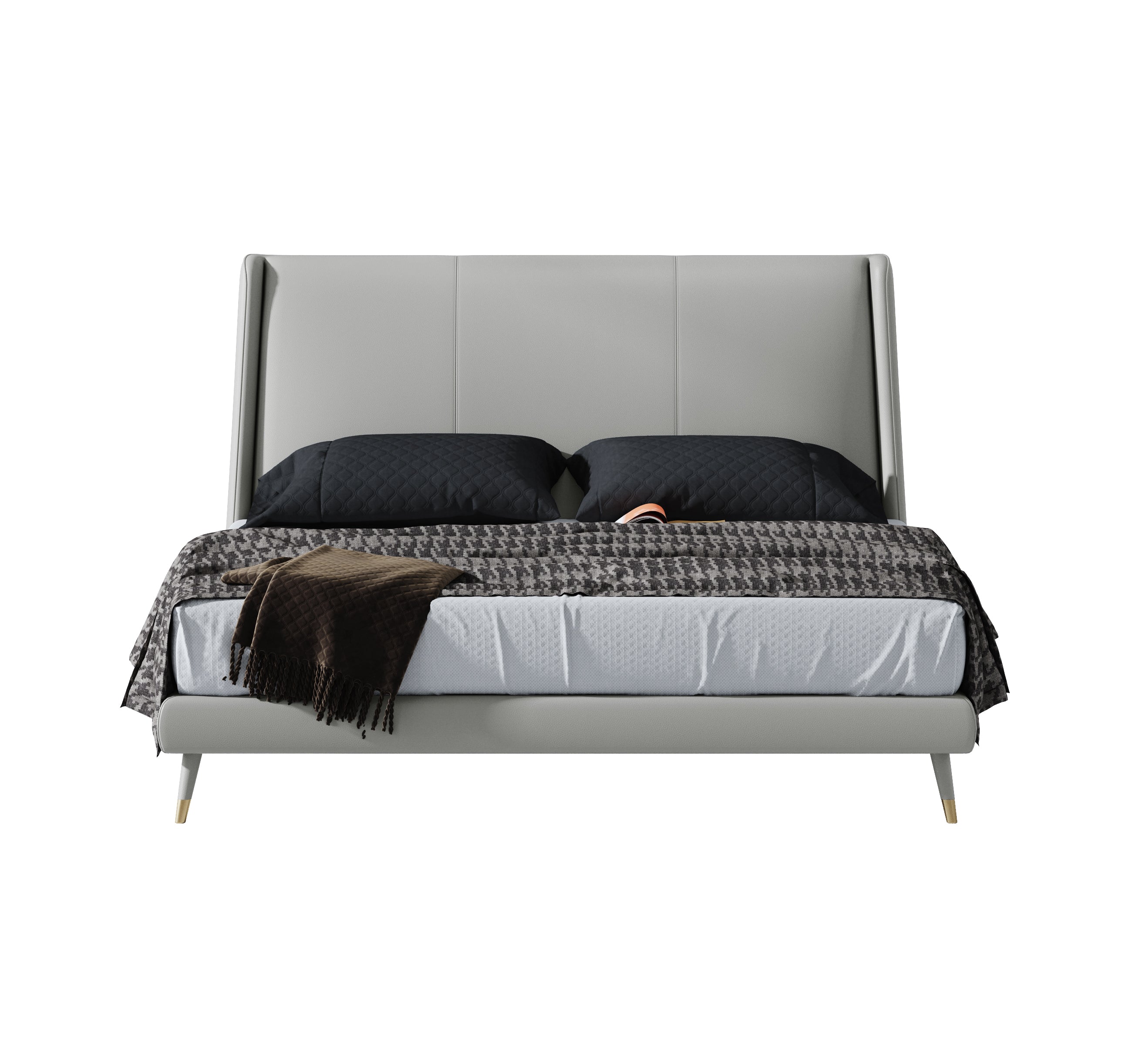 Low-Profile Headboard Genuine Leather Upholstered Bed