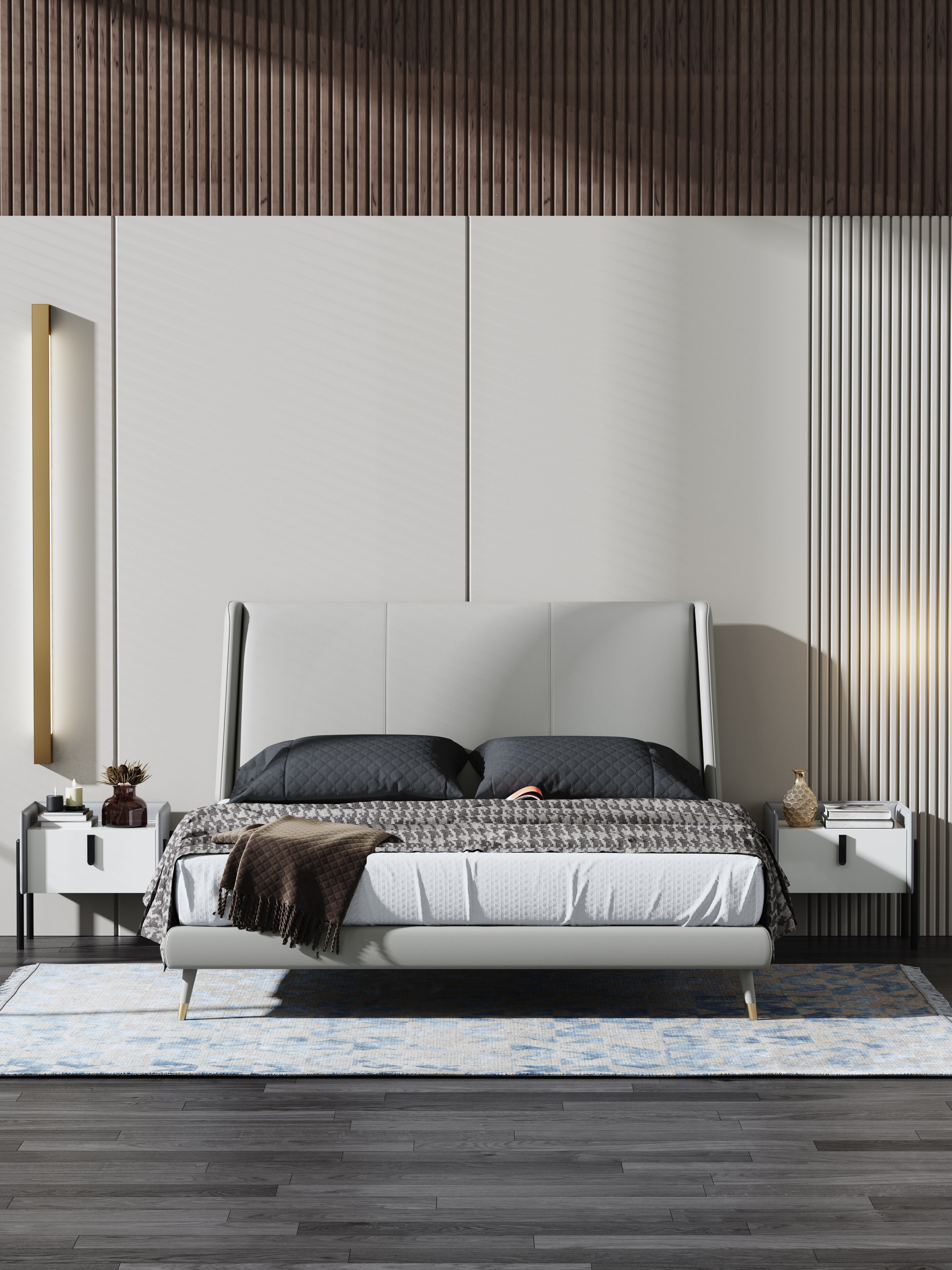 Low-Profile Headboard Genuine Leather Upholstered Bed