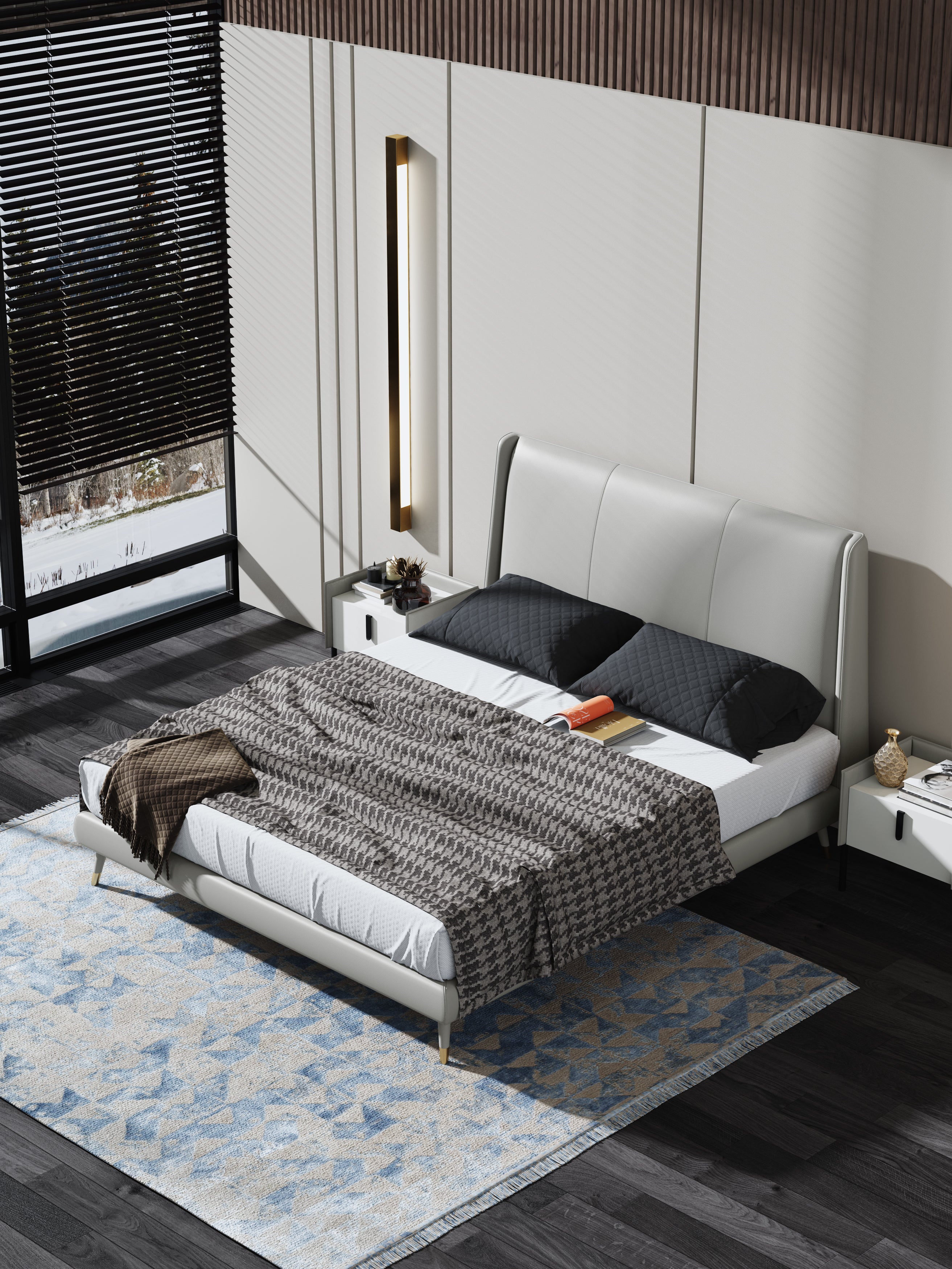 Low-Profile Headboard Genuine Leather Upholstered Bed