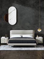 Genuine Leather Upholstered Bed with Structured Upholstered Headboard