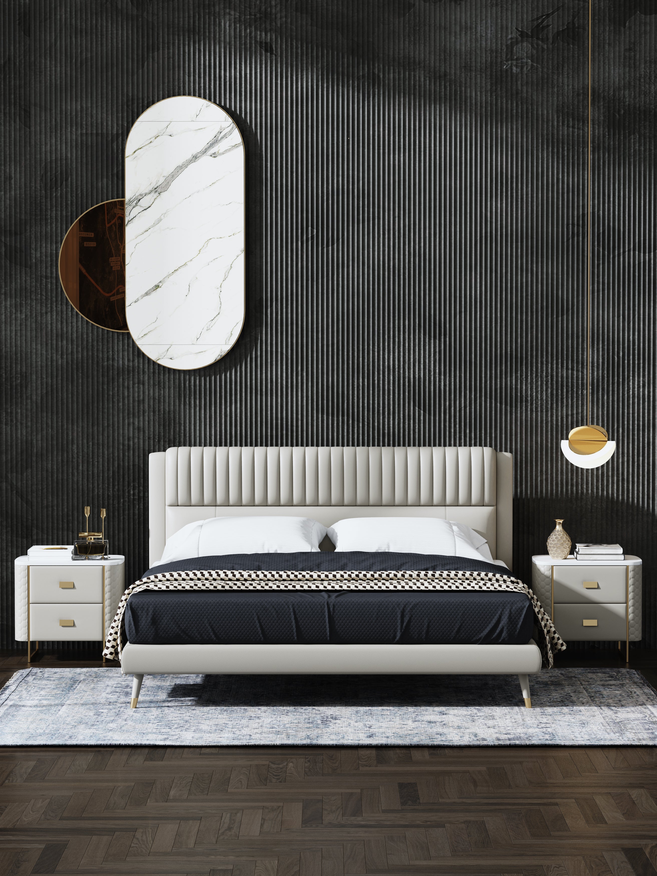 Genuine Leather Upholstered Bed with Structured Upholstered Headboard
