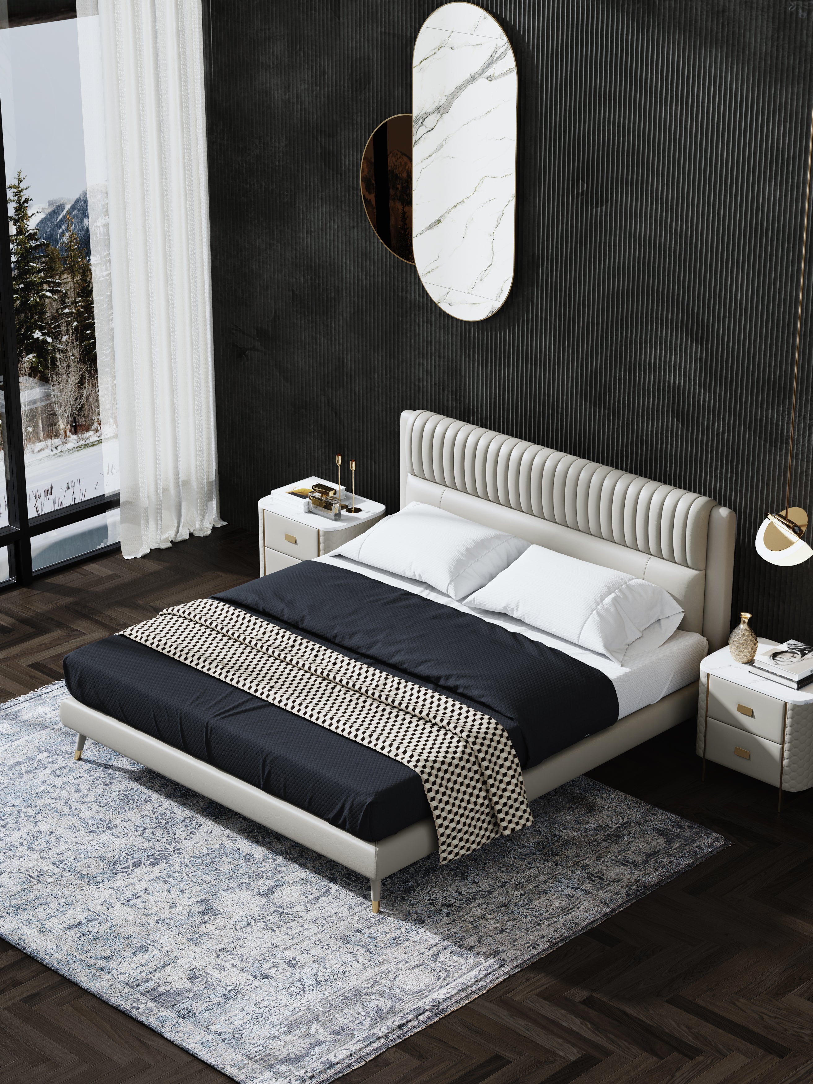 Genuine Leather Upholstered Bed with Structured Upholstered Headboard