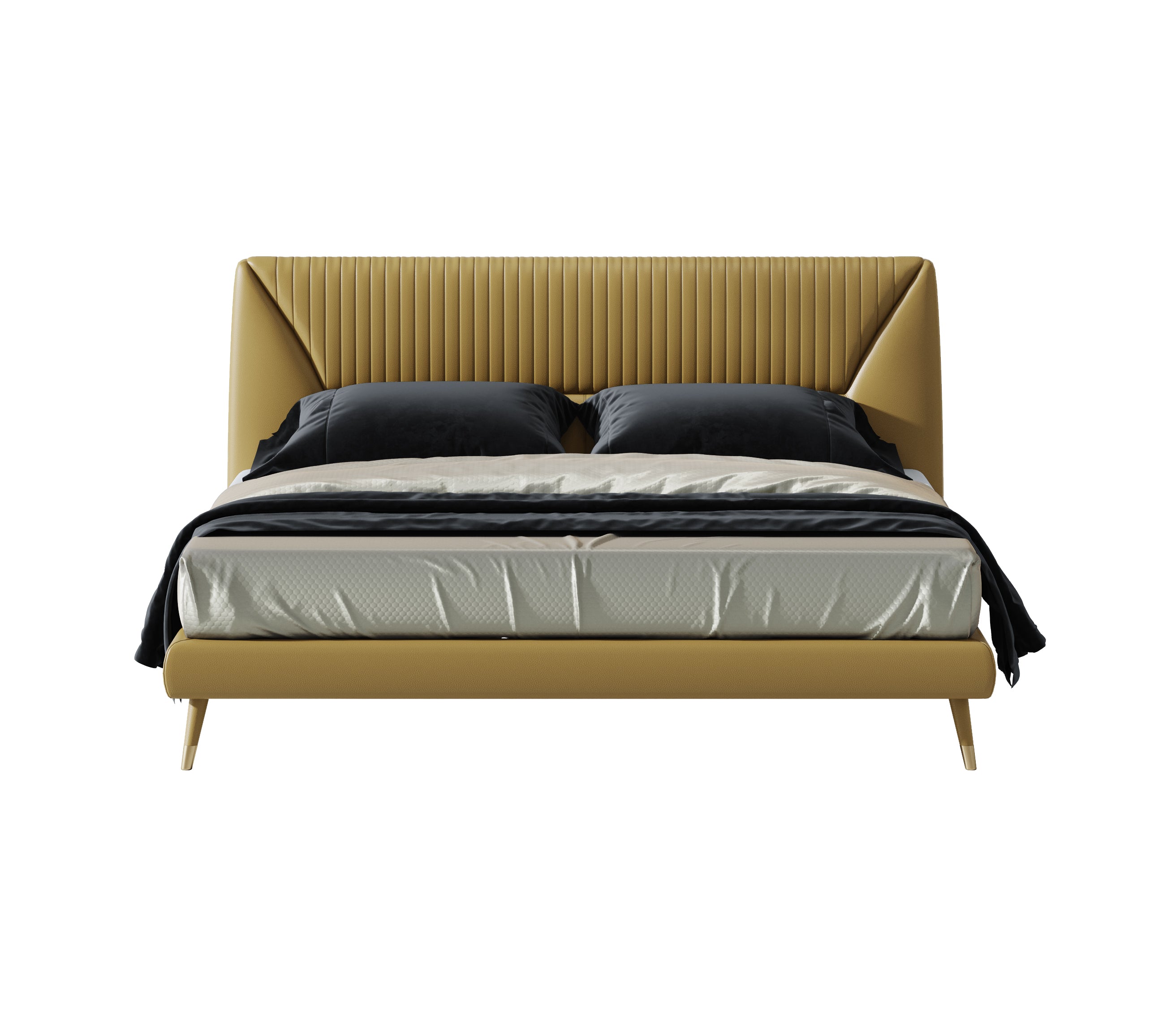 Low-Profile Genuine Leather Upholstered Bed with Metal Accents