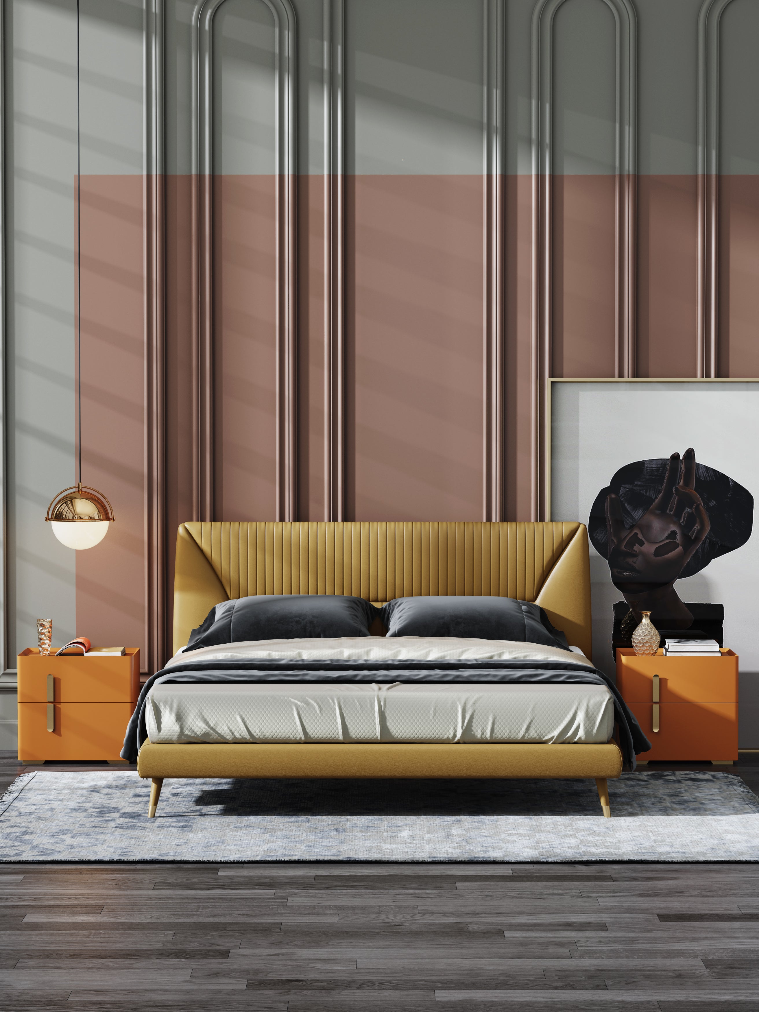 Low-Profile Genuine Leather Upholstered Bed with Metal Accents