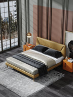 Low-Profile Genuine Leather Upholstered Bed with Metal Accents