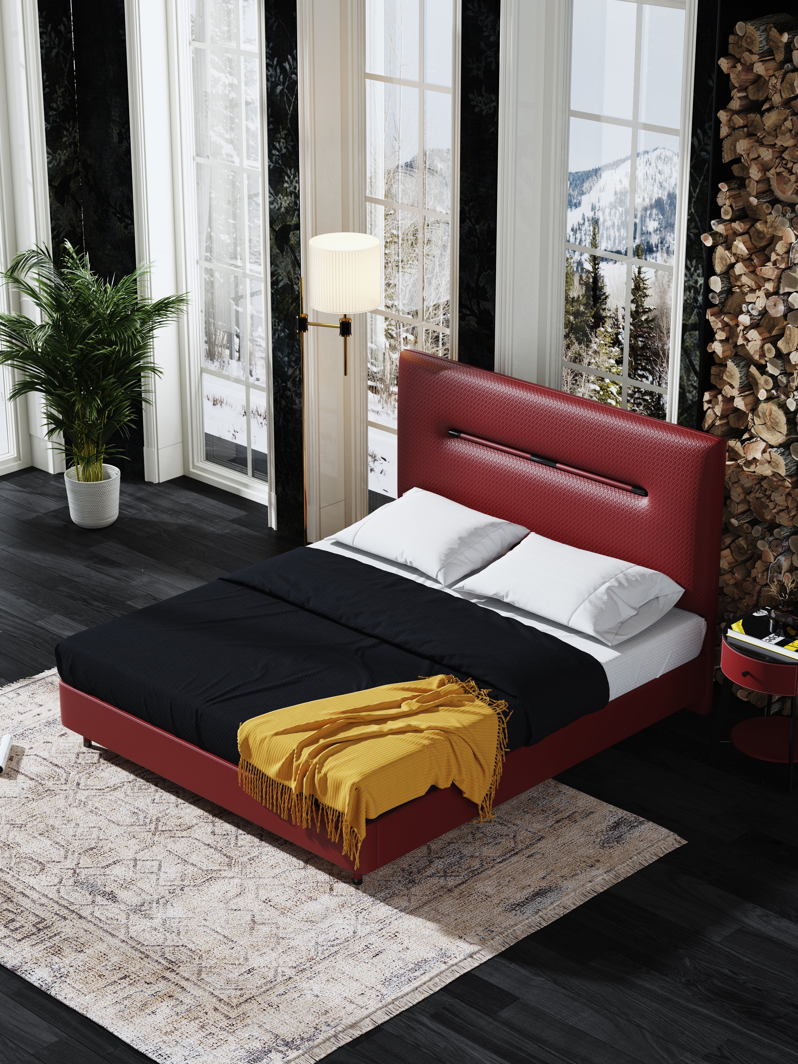Mid-Height Upholstered Bed in Microfiber Leather