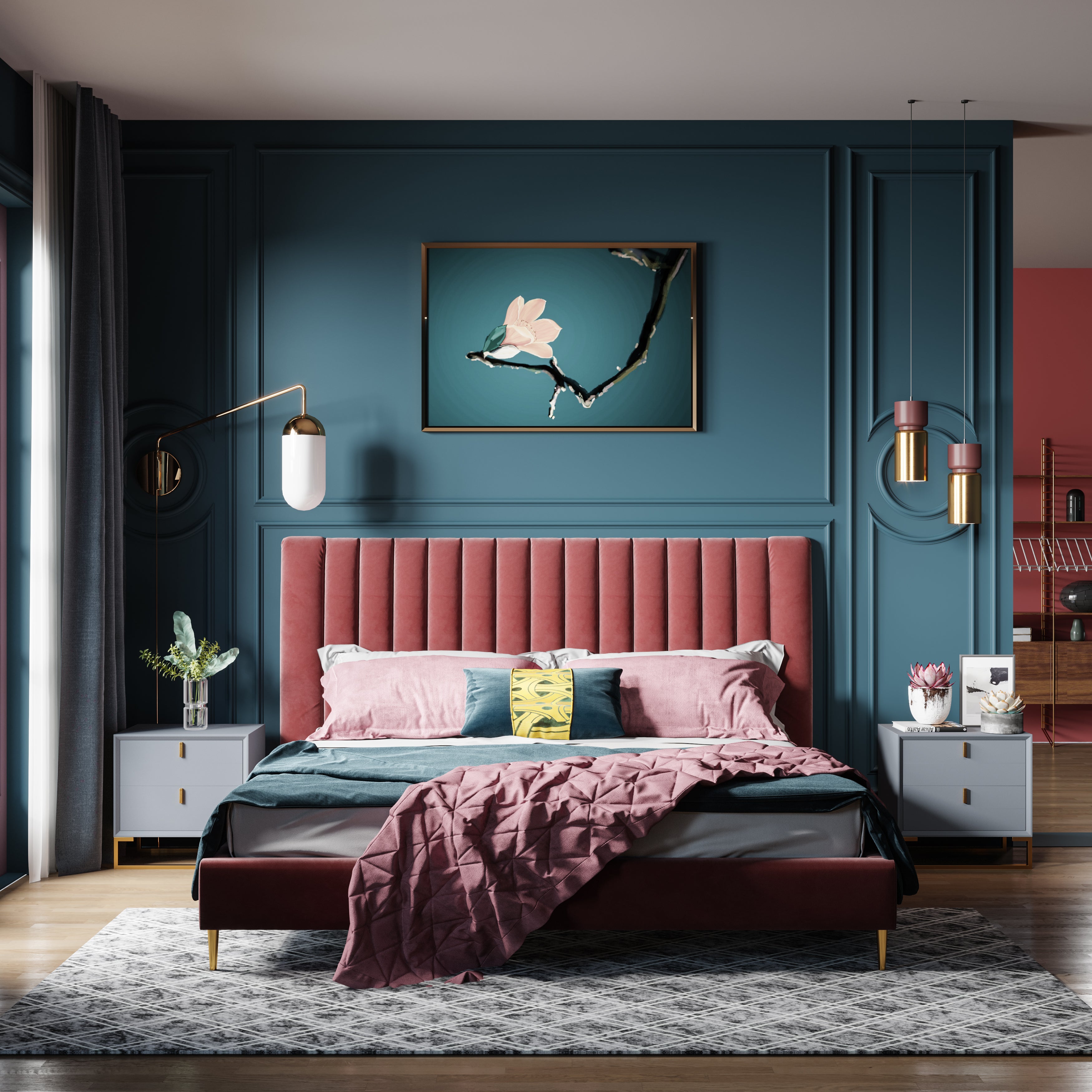 Mid-Height Velvet Bed with Solid Wood Frame
