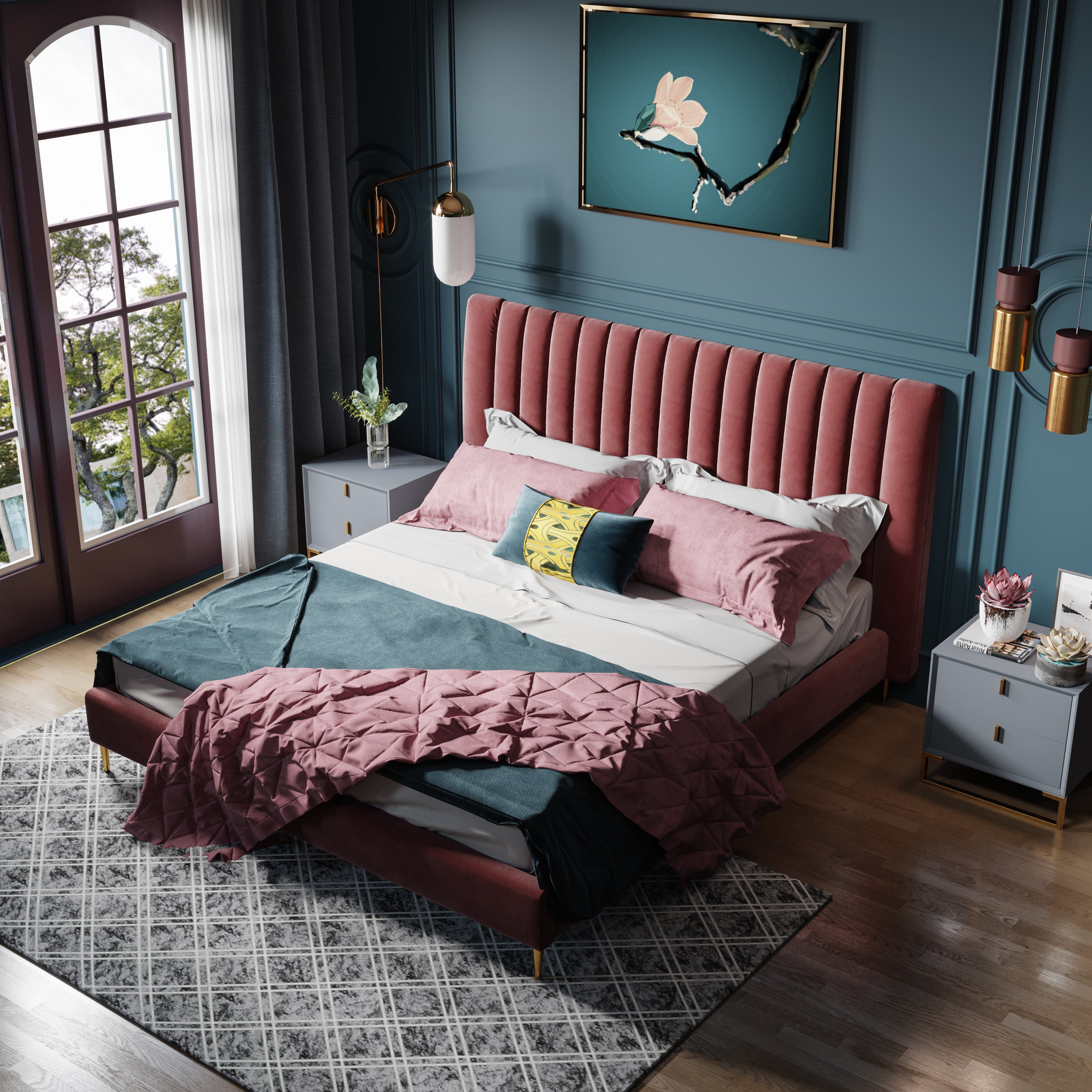 Mid-Height Velvet Bed with Solid Wood Frame