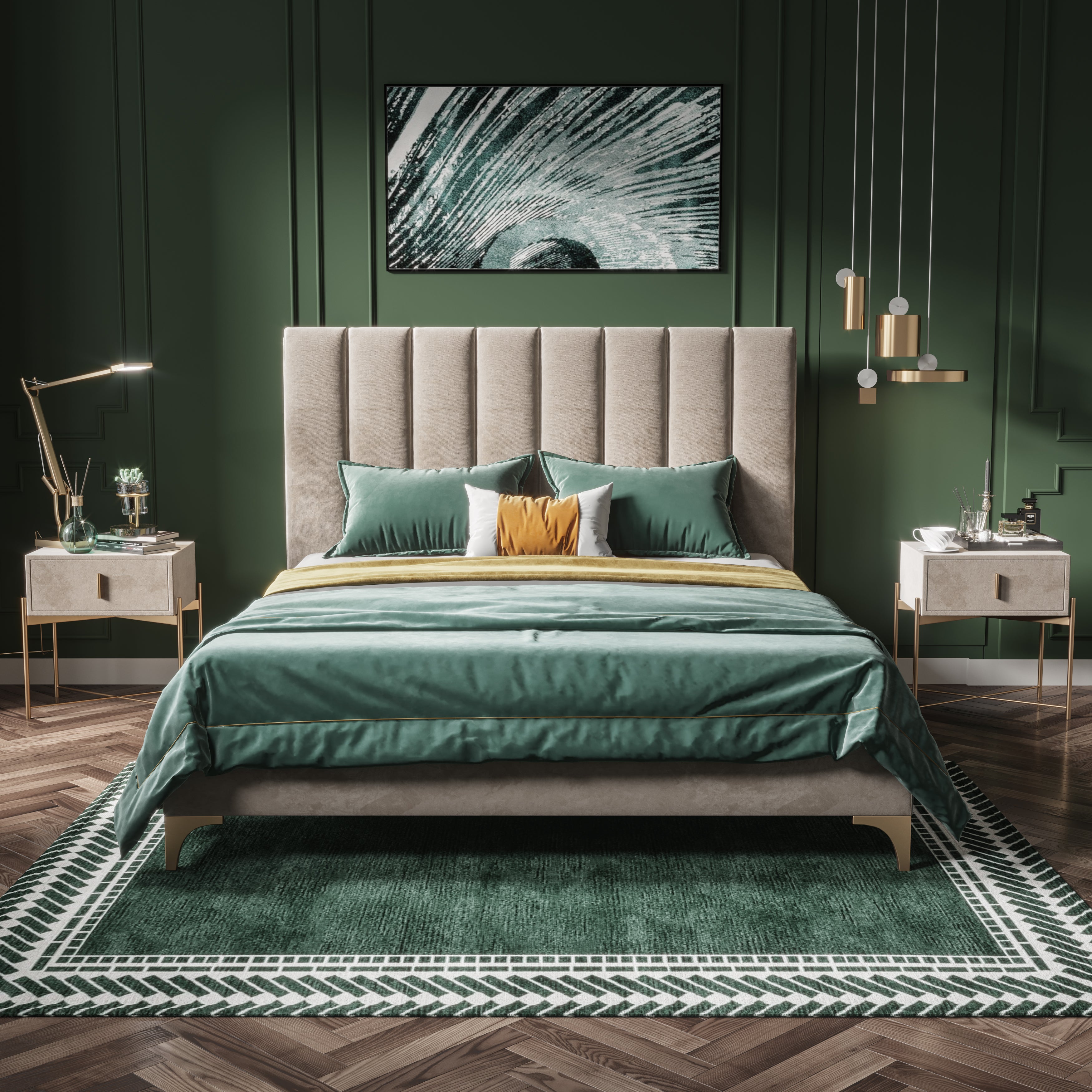 Velvet Upholstered Bed with Mid-Height Headboard