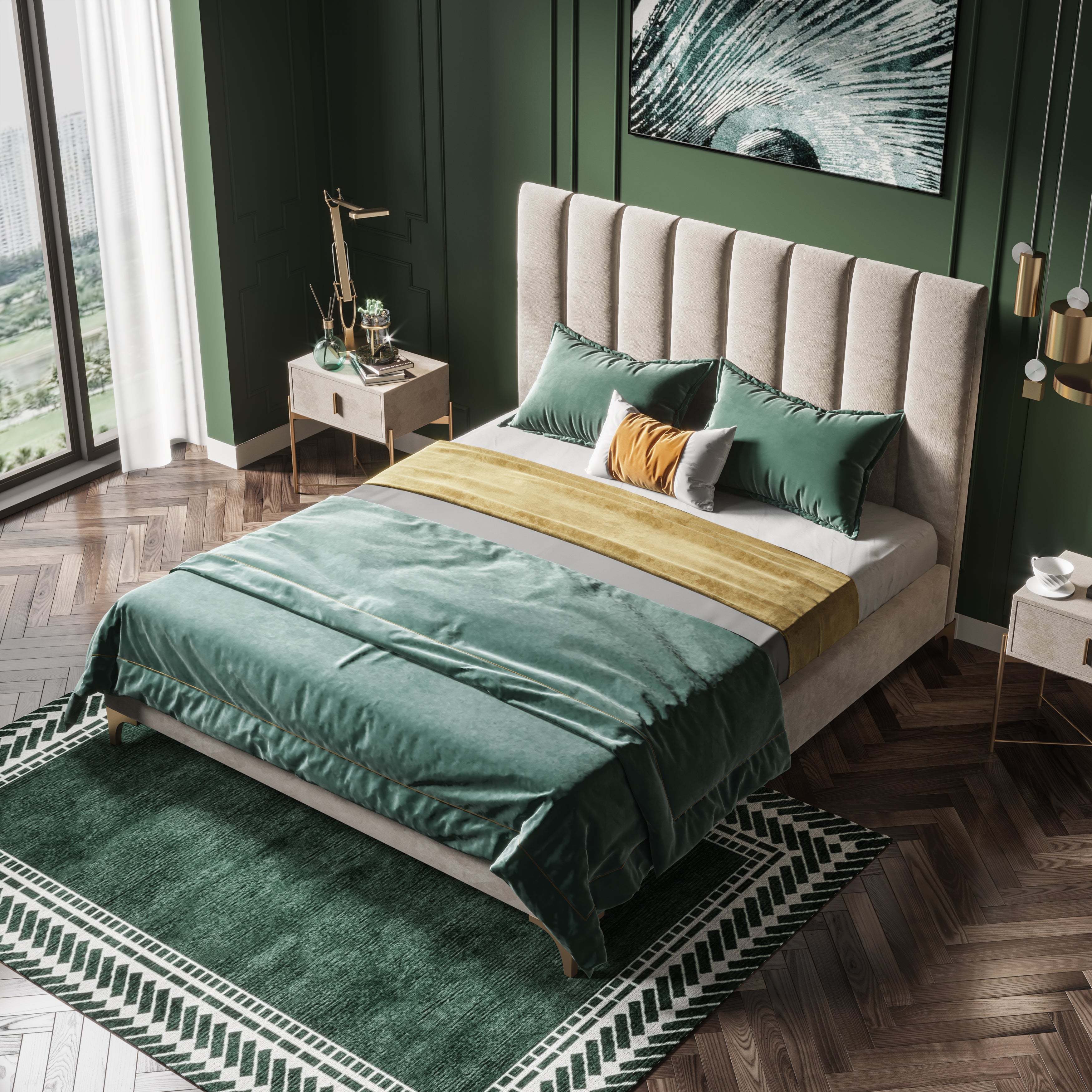 Velvet Upholstered Bed with Mid-Height Headboard