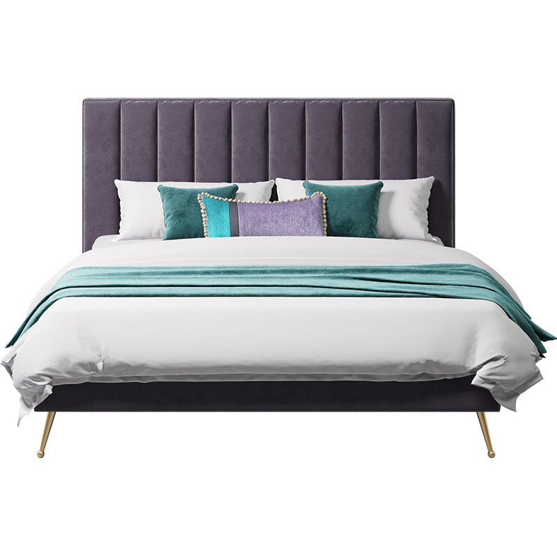 Low-Profile Velvet Upholstered Bed with Metal Accents