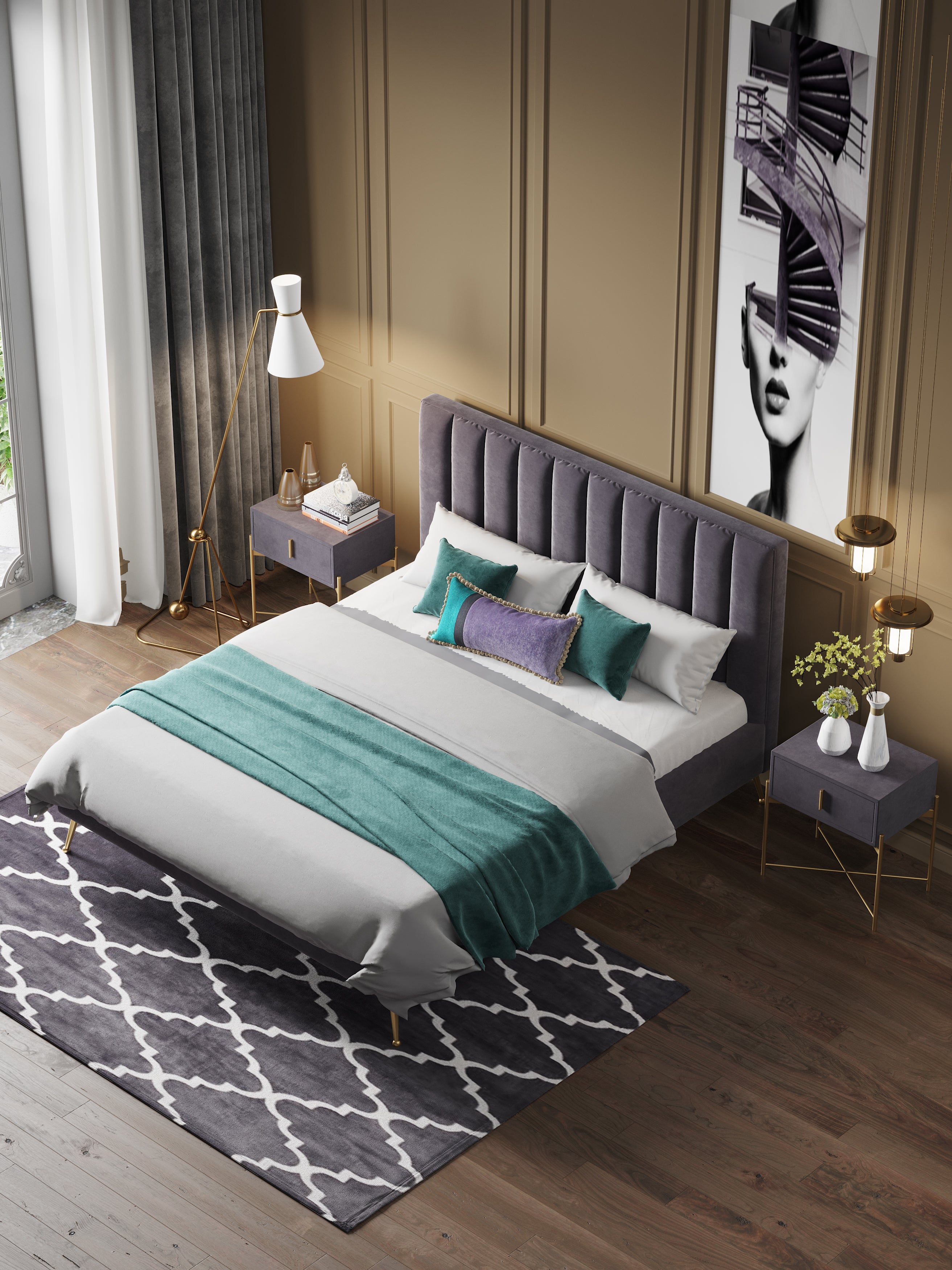 Low-Profile Velvet Upholstered Bed with Metal Accents