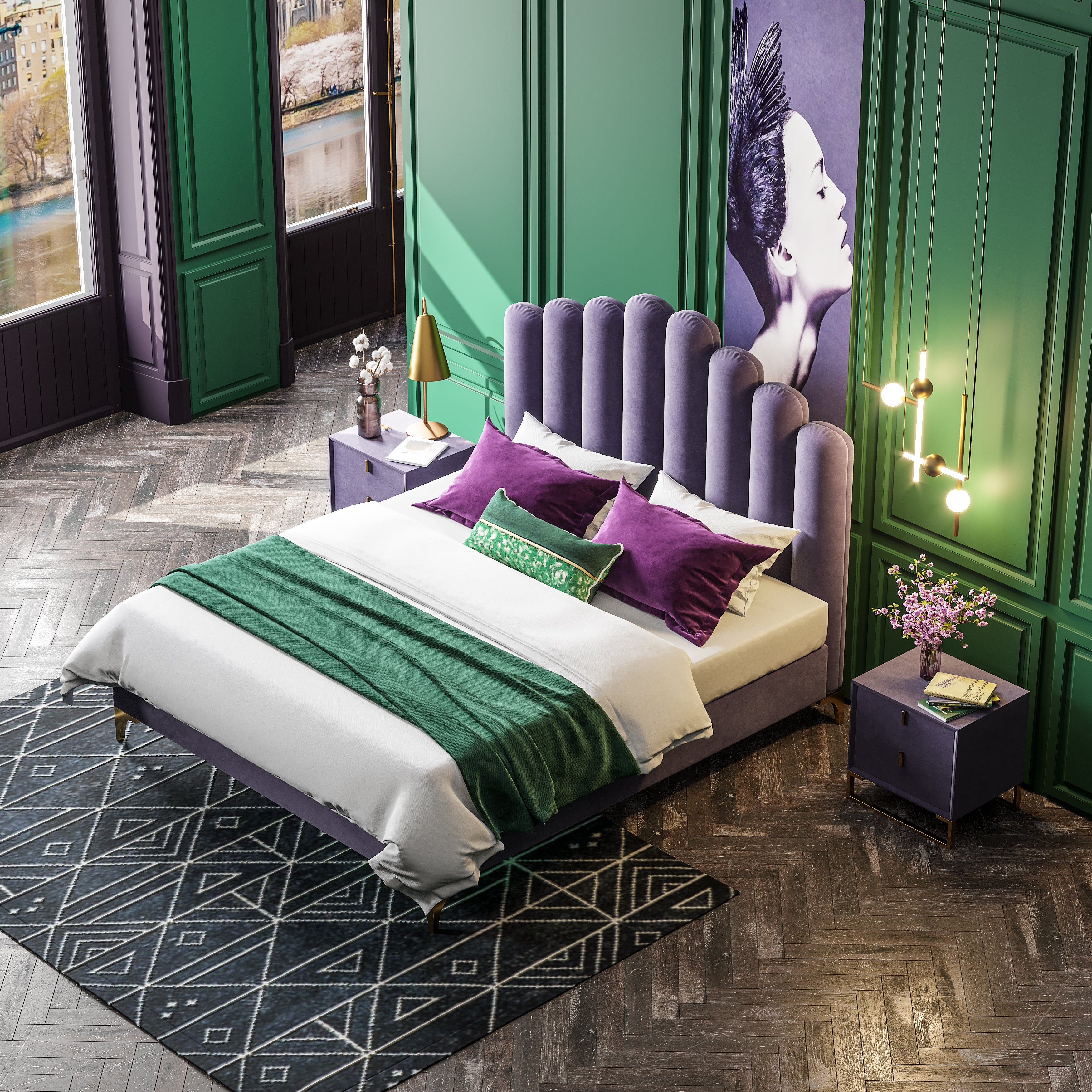 Tall-Back Upholstered Bed in Velvet