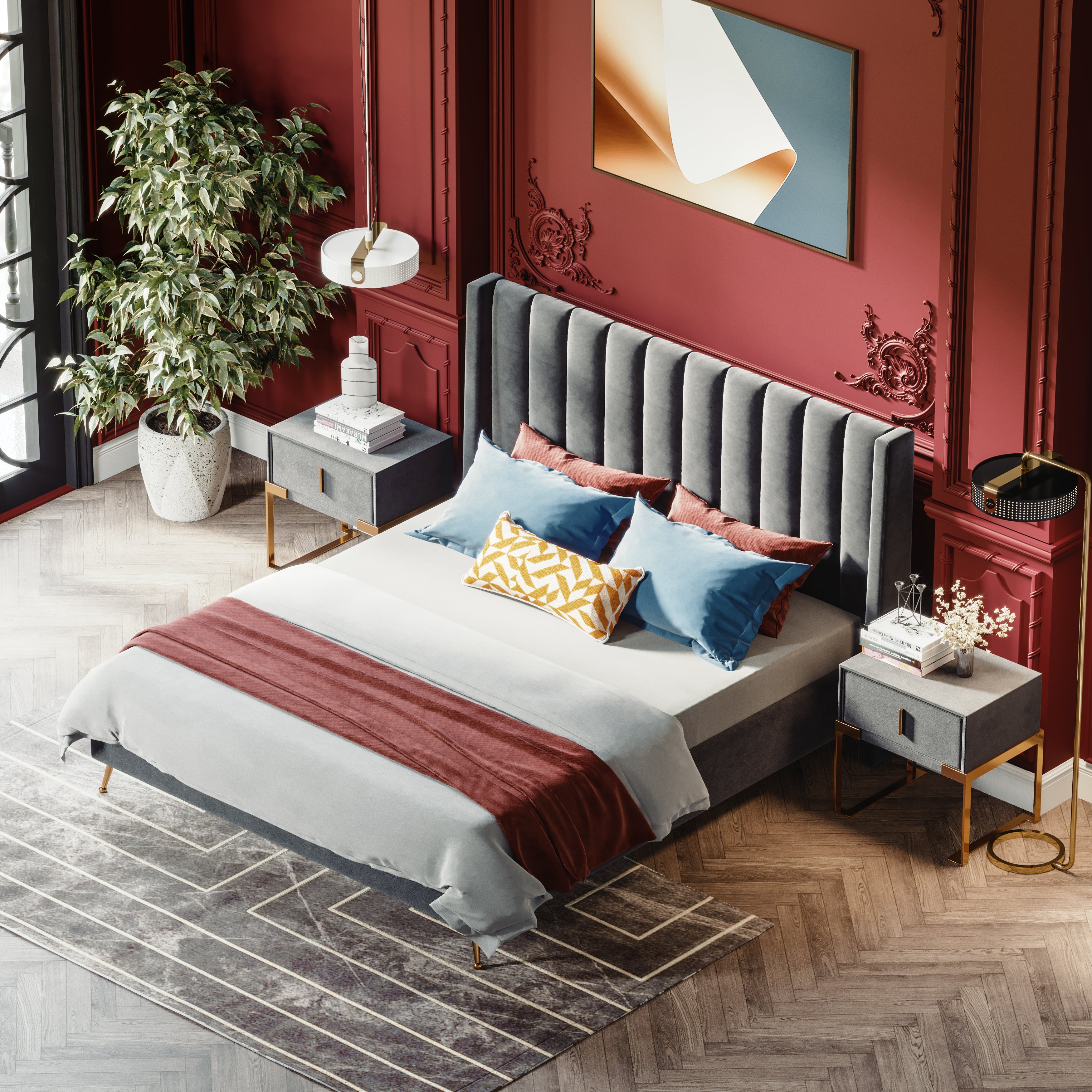 Velvet Bed with Mid-Height Upholstered Headboard