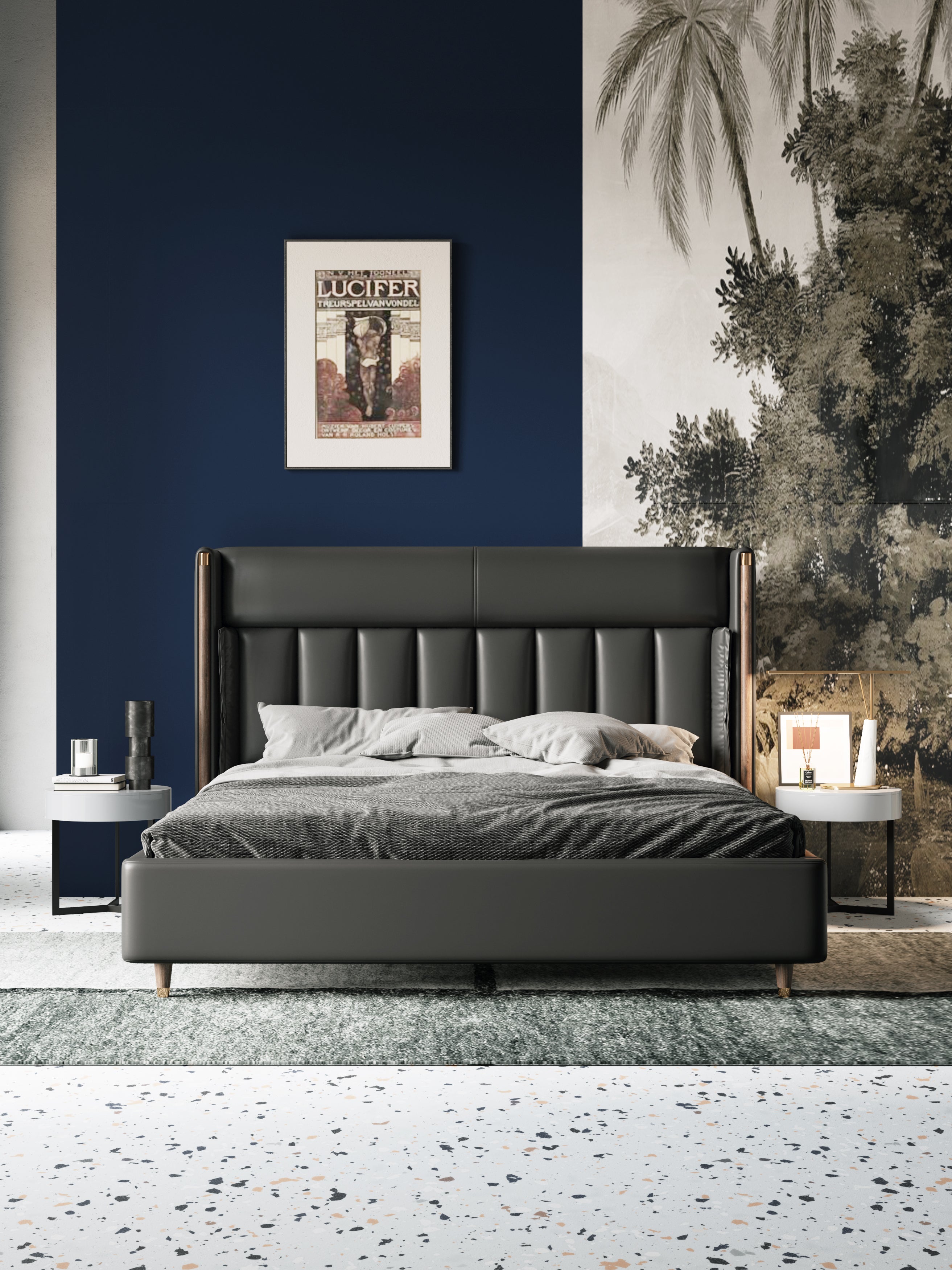 Low-Profile Microfiber Leather Upholstered Bed with Metal Frame