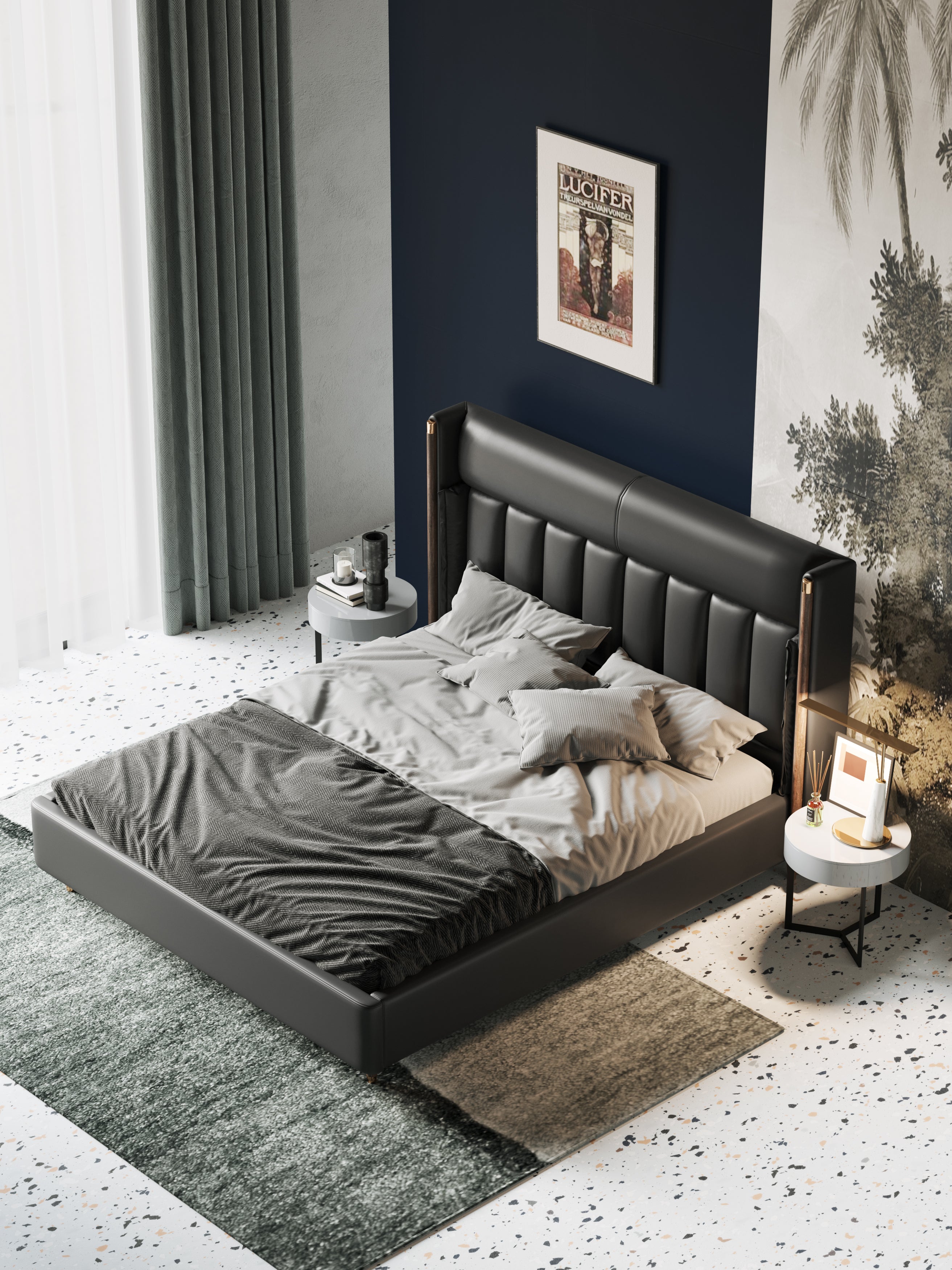 Low-Profile Microfiber Leather Upholstered Bed with Metal Frame