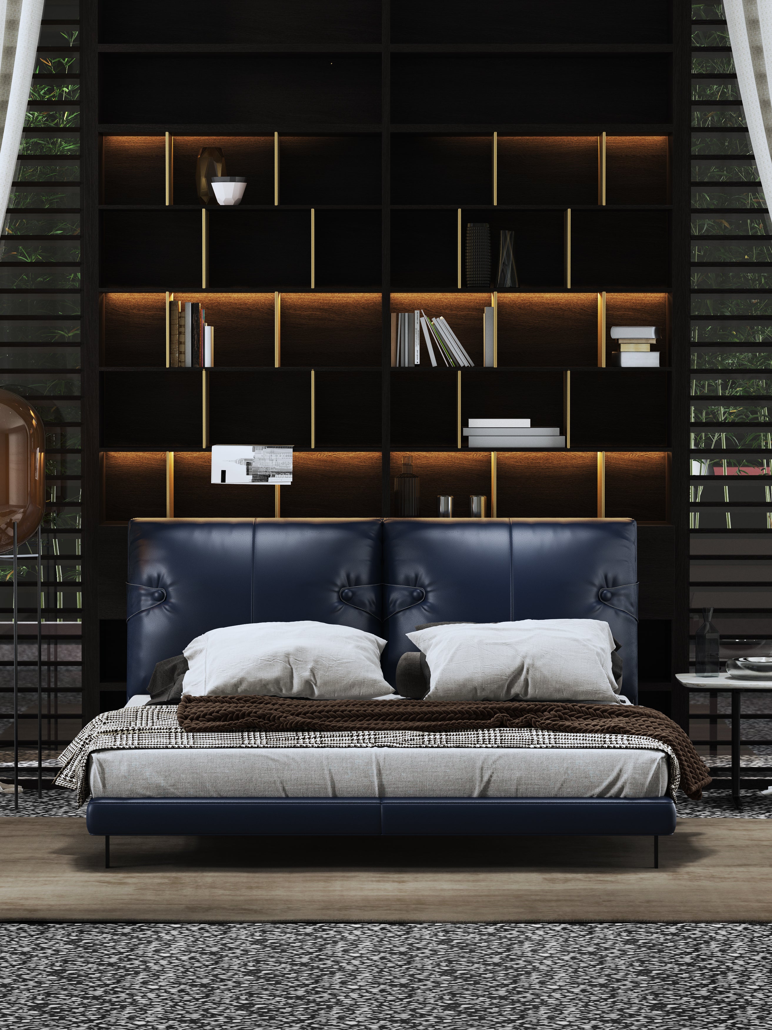 Low-Profile Genuine Leather Upholstered Bed