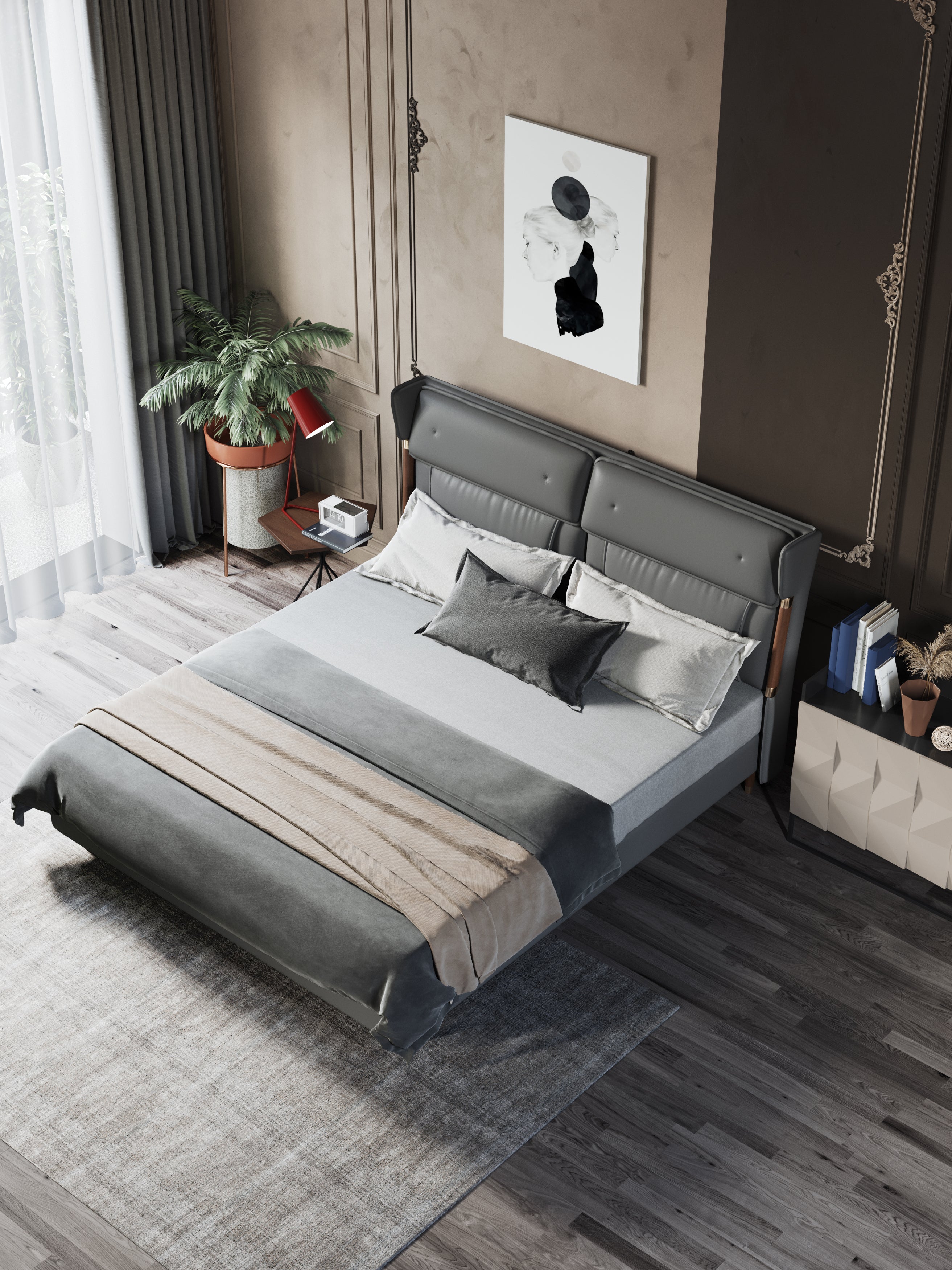 Microfiber Leather Upholstered Bed with Low-Profile Headboard