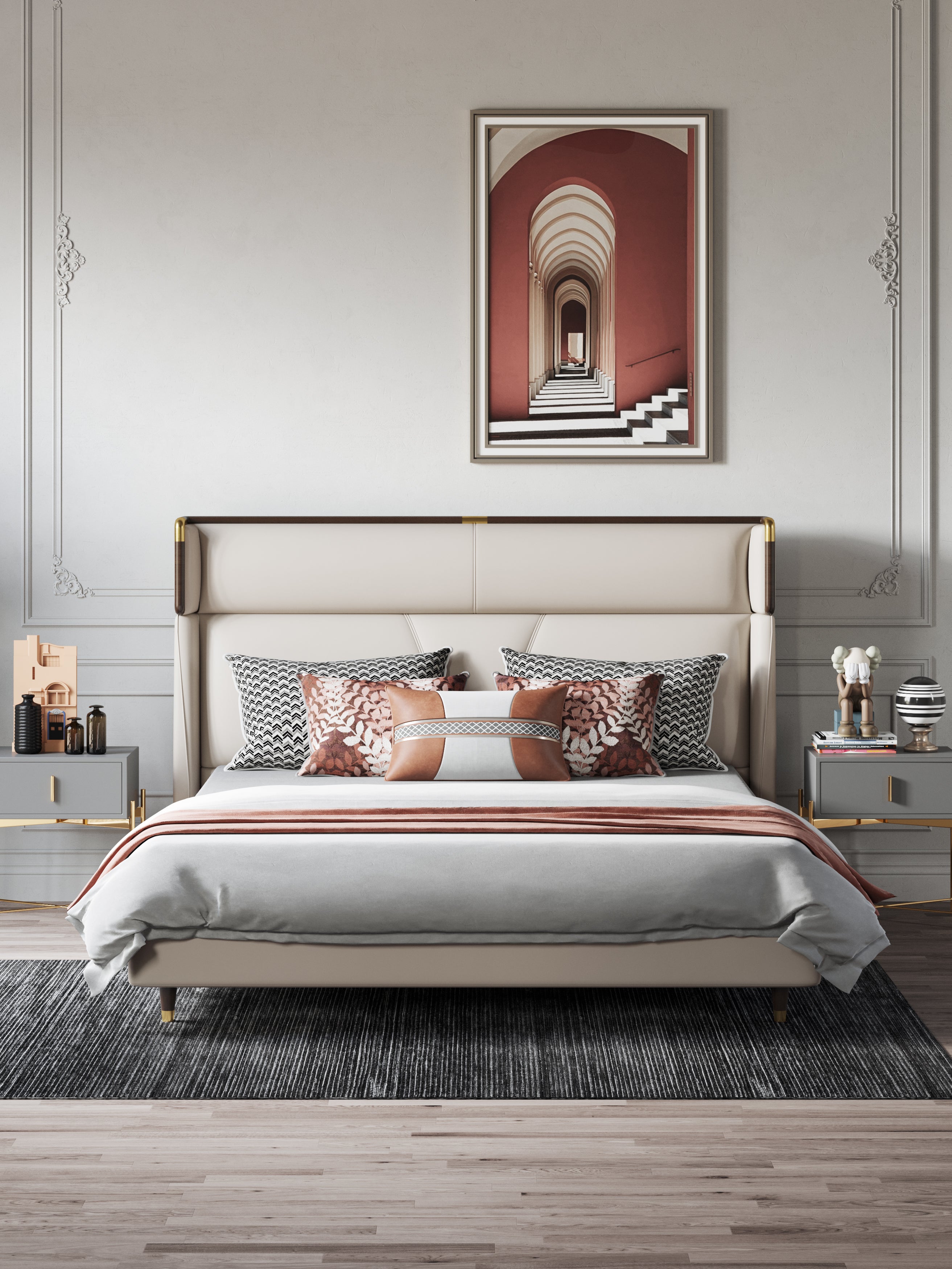 Low-Profile Headboard Microfiber Leather Upholstered Bed