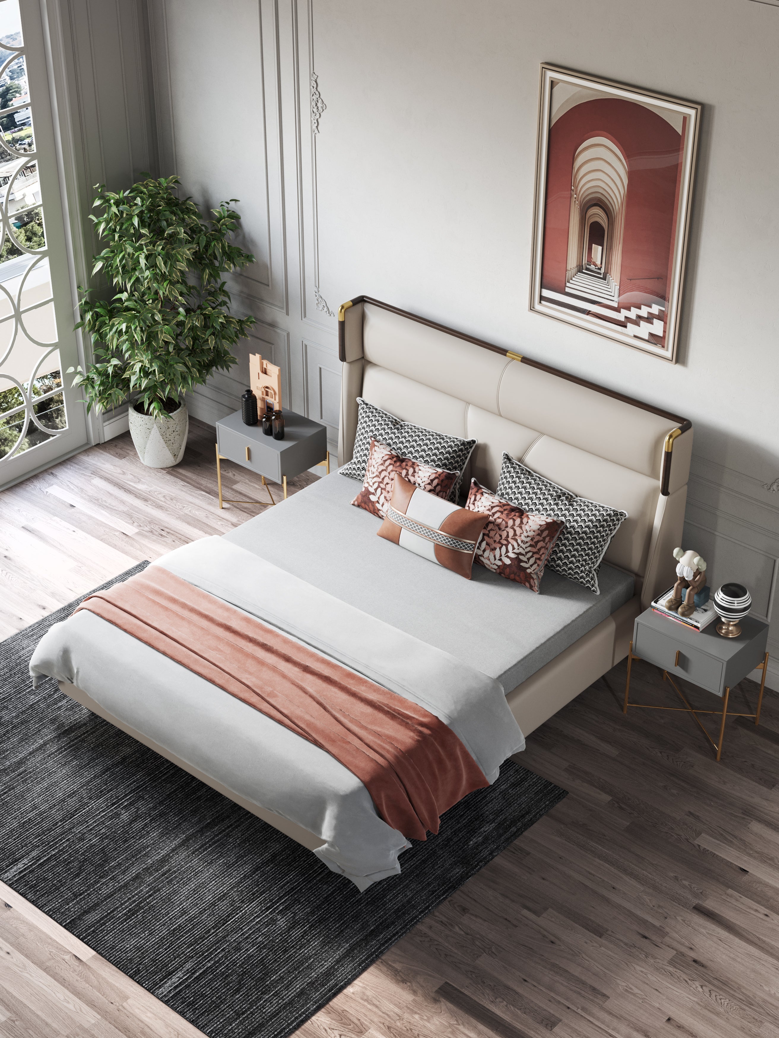 Low-Profile Headboard Microfiber Leather Upholstered Bed