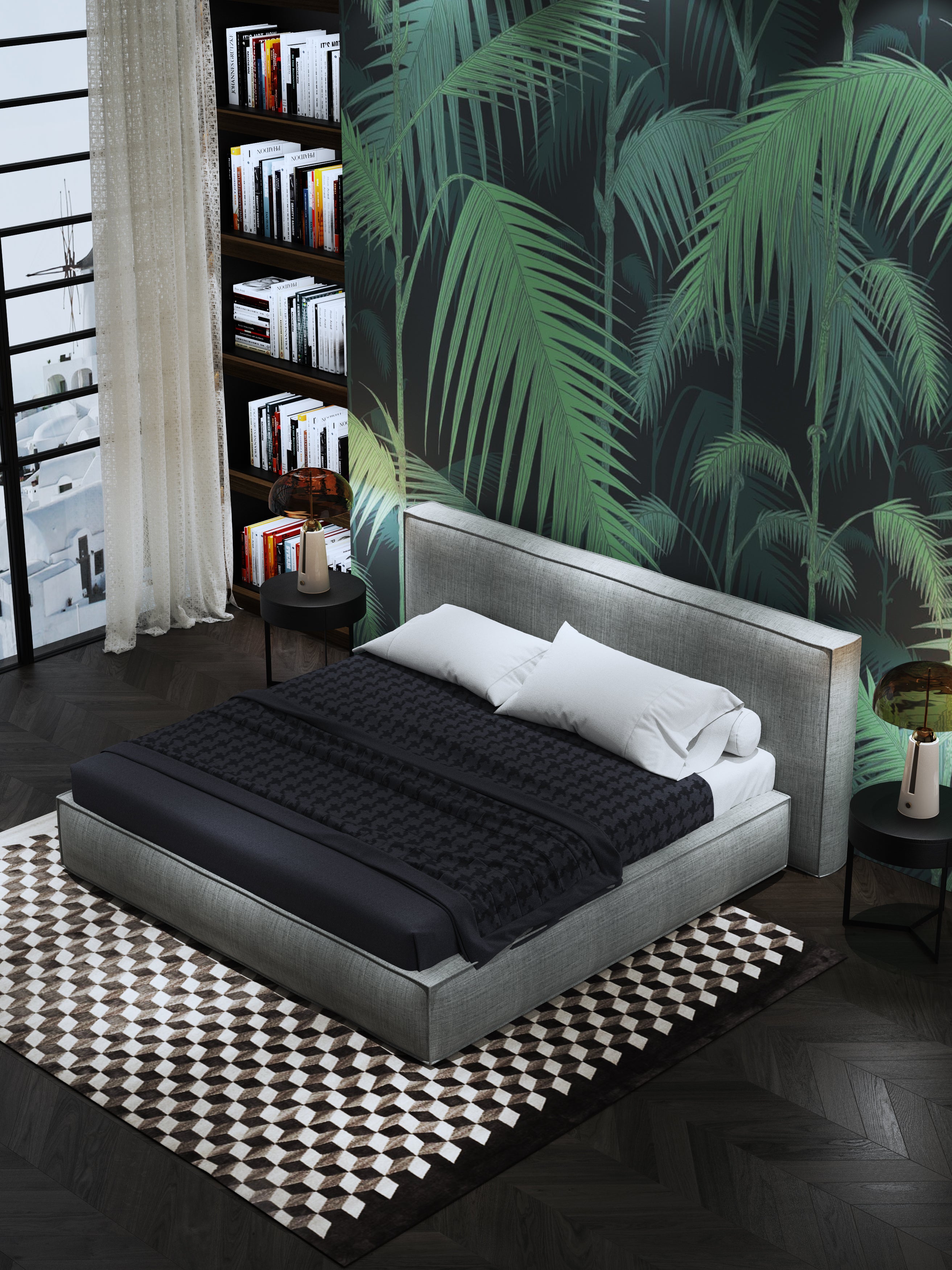 Low-Profile Upholstered Bed with Metal Accents