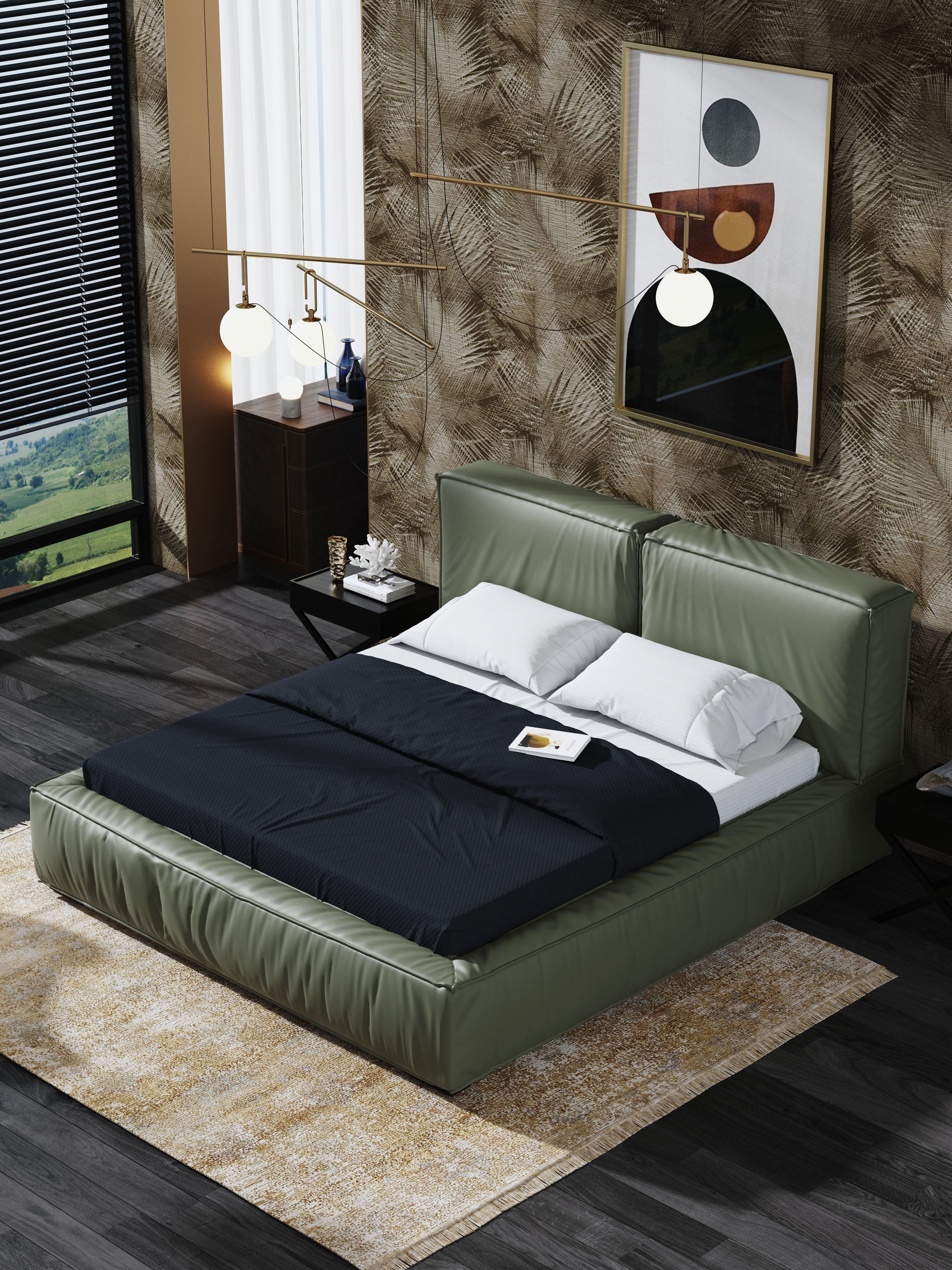Low-Profile Bed in Microfiber and Genuine Leather