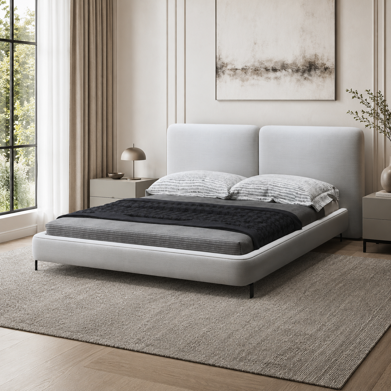 Upholstered Platform Bed with Tall Paneled Headboard