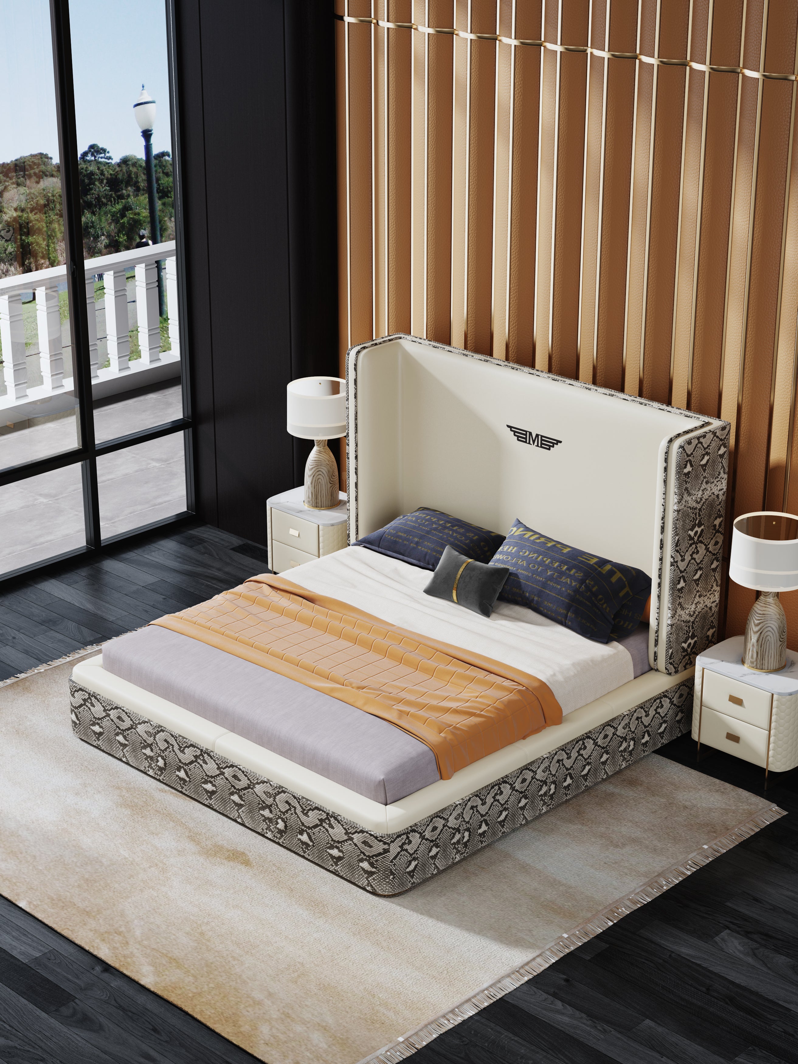 Tall-Back Genuine Leather Upholstered Bed