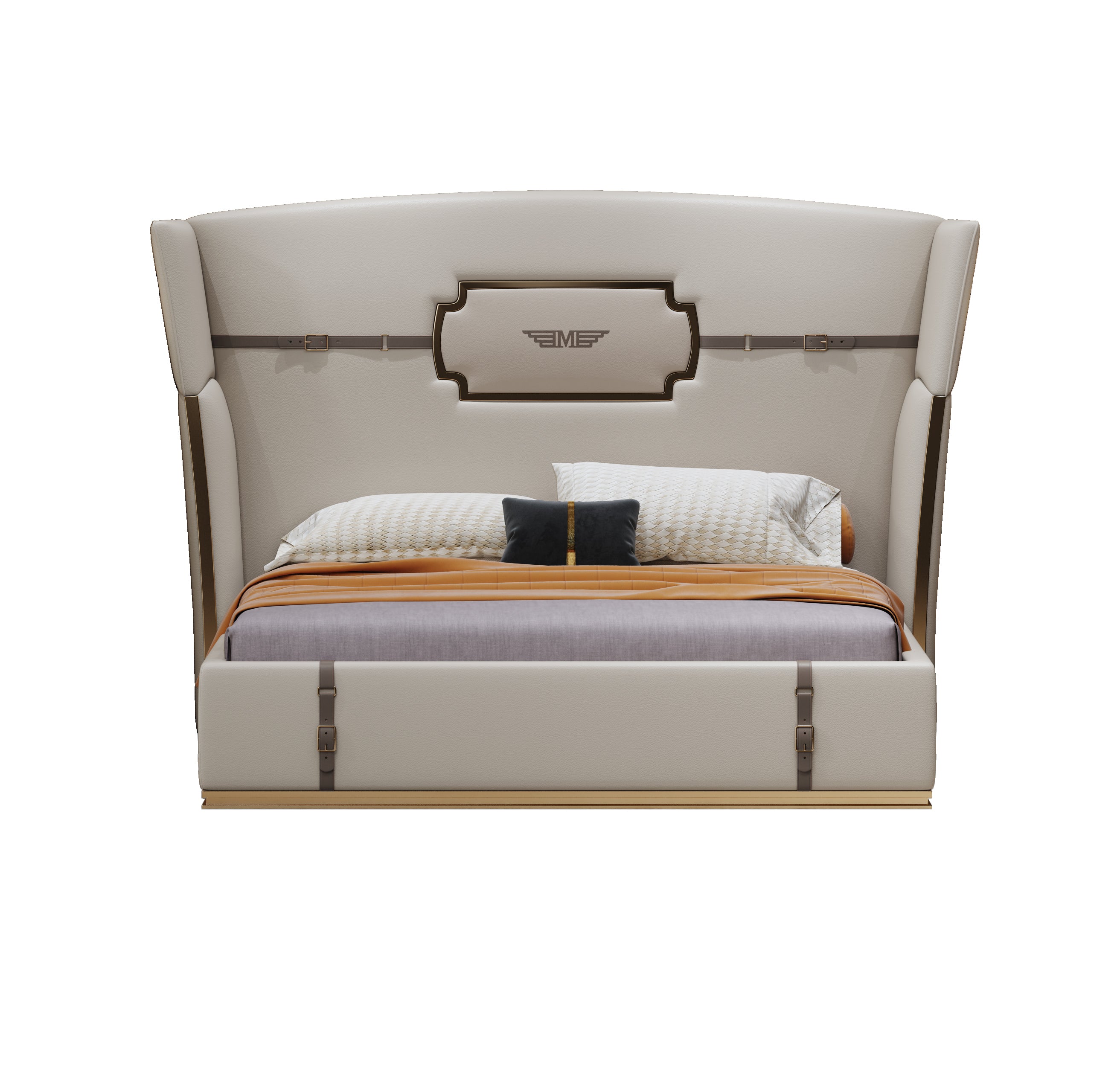 Genuine Leather Upholstered Bed with Tall-Back Headboard