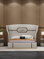 Genuine Leather Upholstered Bed with Tall-Back Headboard