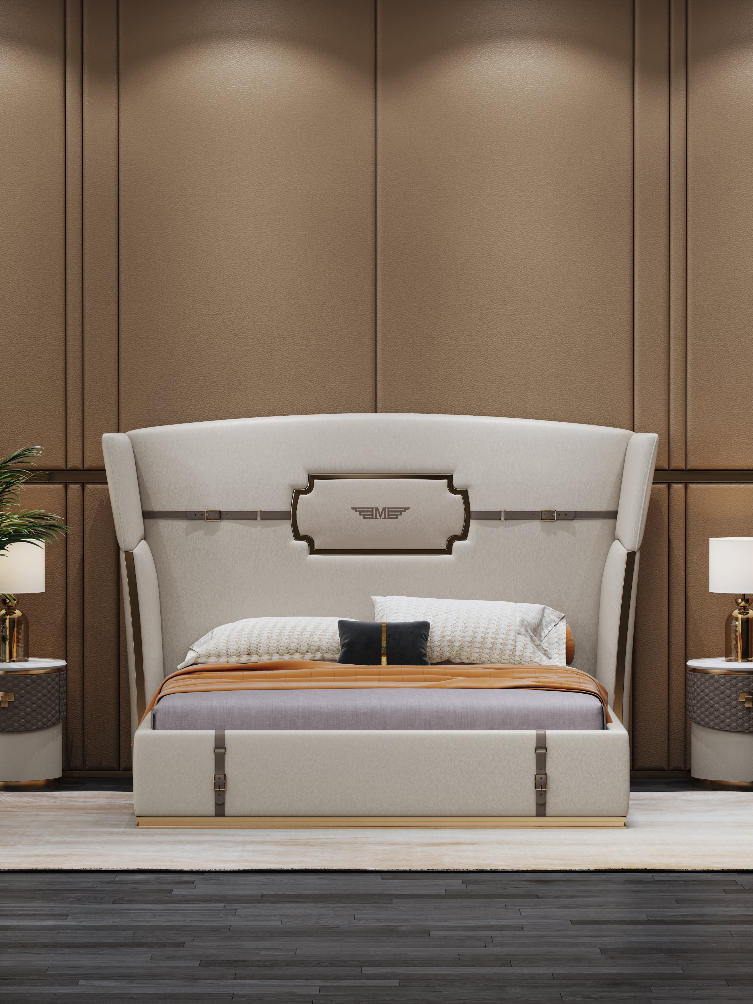 Genuine Leather Upholstered Bed with Tall-Back Headboard