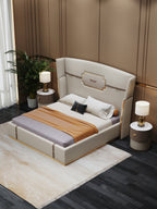 Genuine Leather Upholstered Bed with Tall-Back Headboard