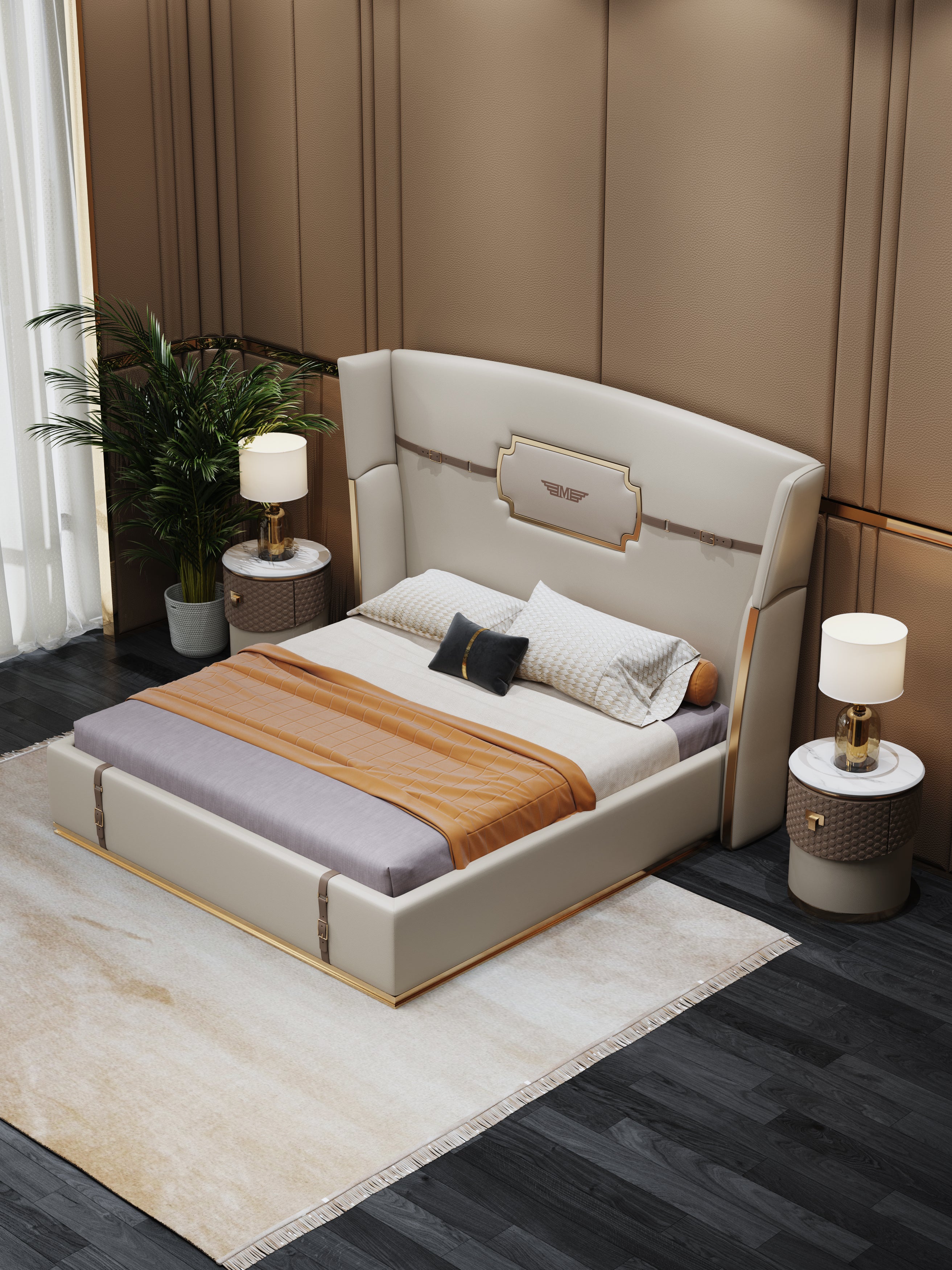Genuine Leather Upholstered Bed with Tall-Back Headboard