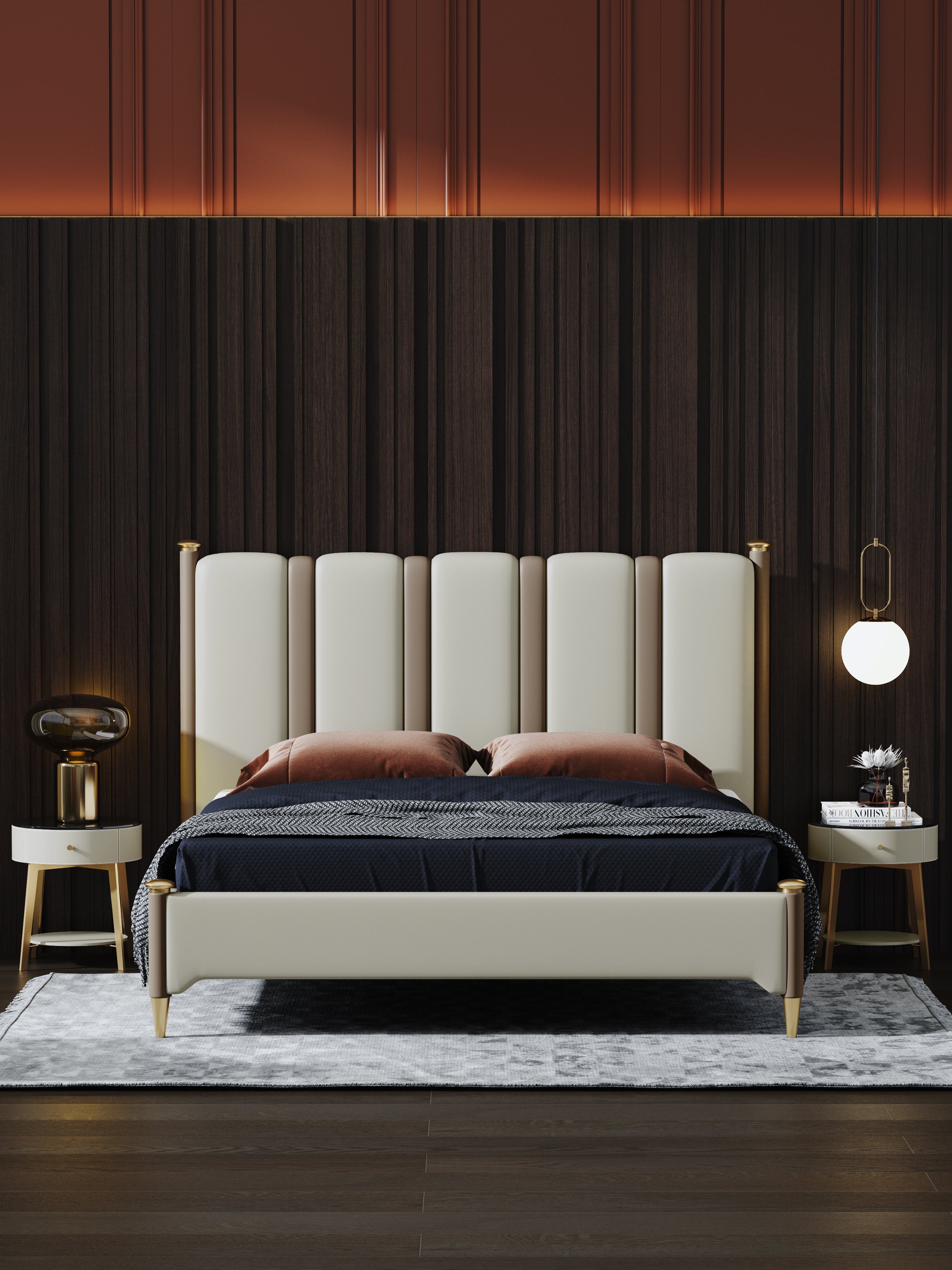 Tall-Back Headboard Genuine Leather Upholstered Bed