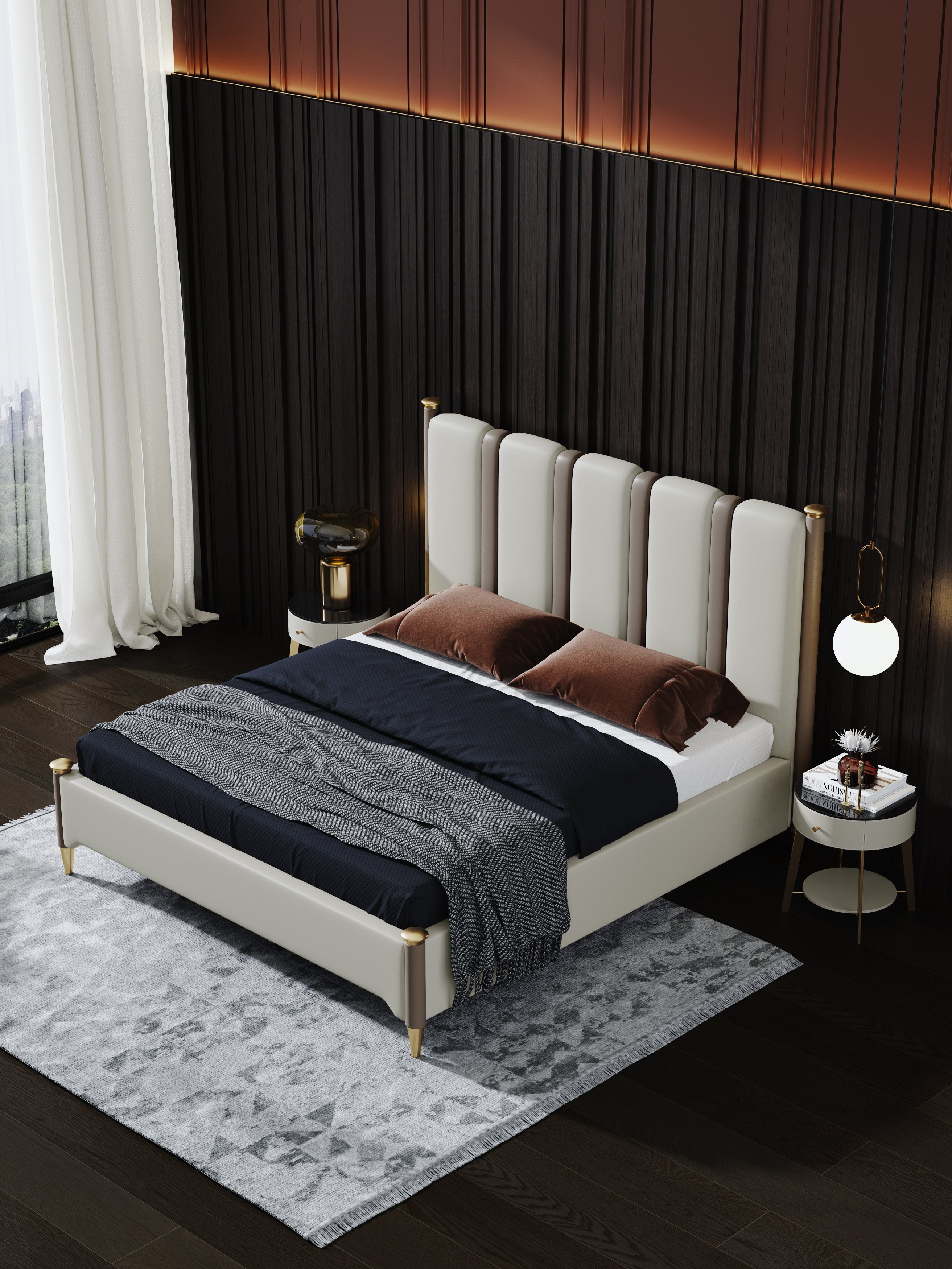 Tall-Back Headboard Genuine Leather Upholstered Bed
