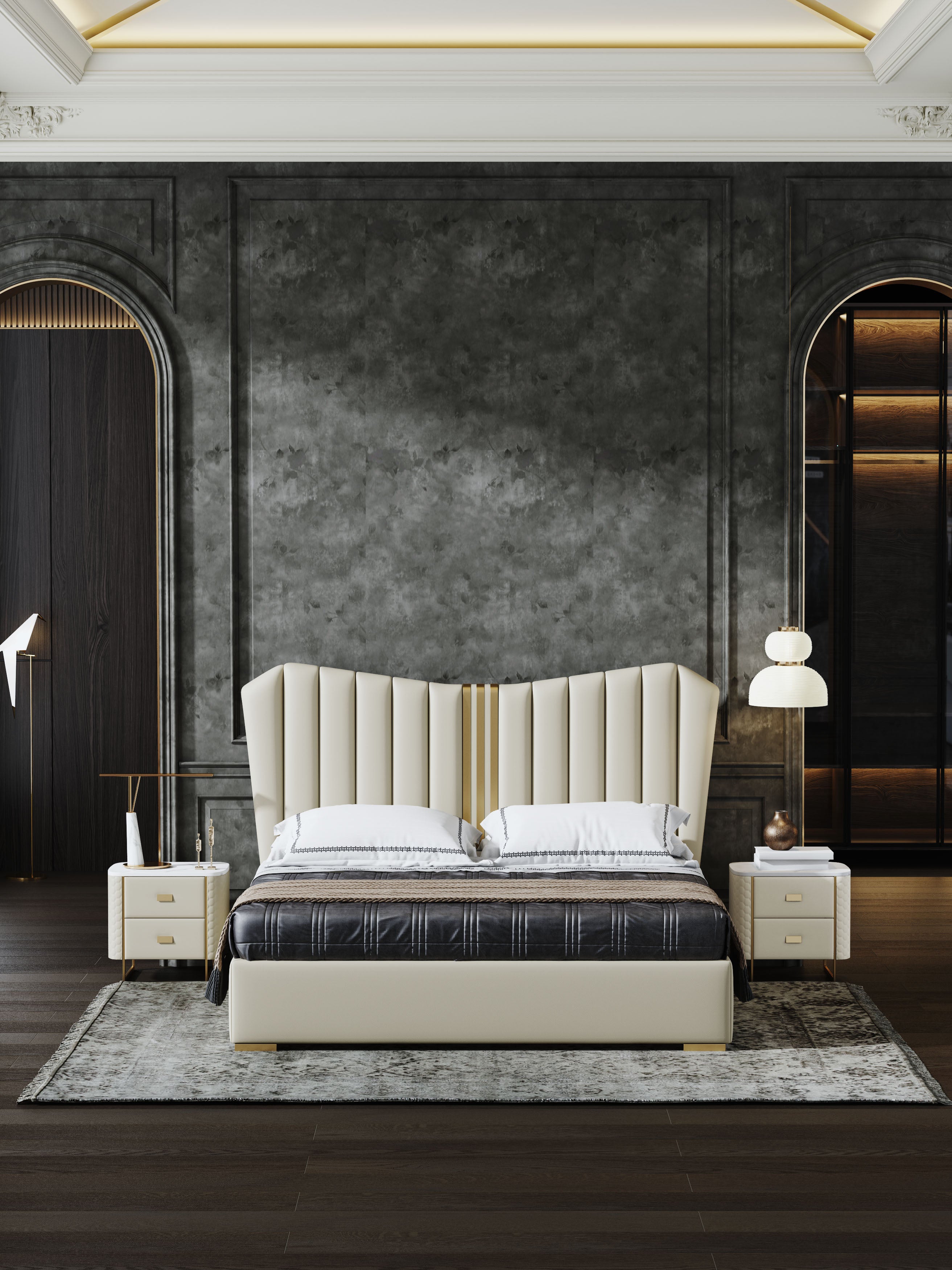 Structured Genuine Leather Upholstered Bed