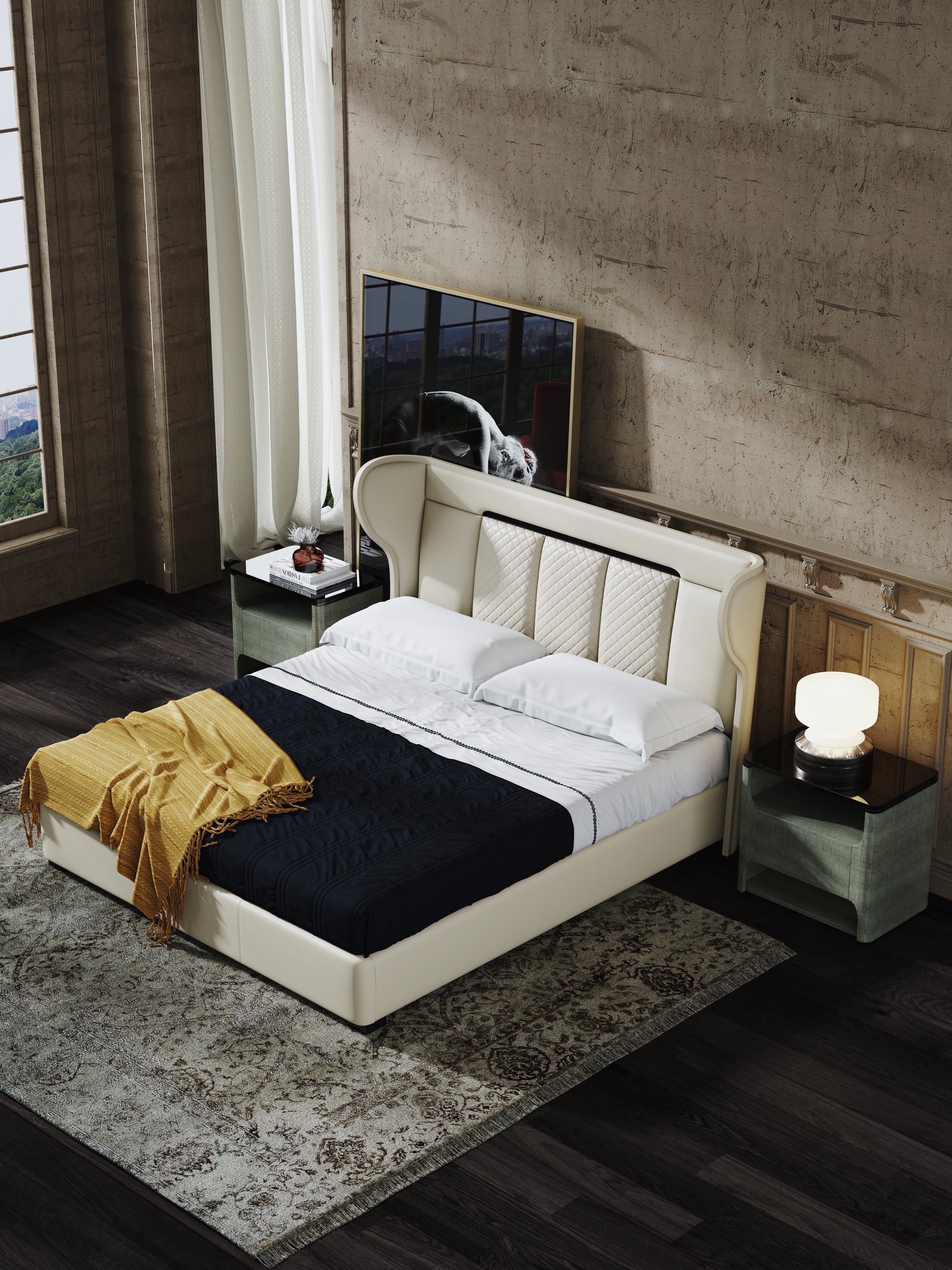 Low-Profile Genuine Leather Upholstered Bed with Metal Frame