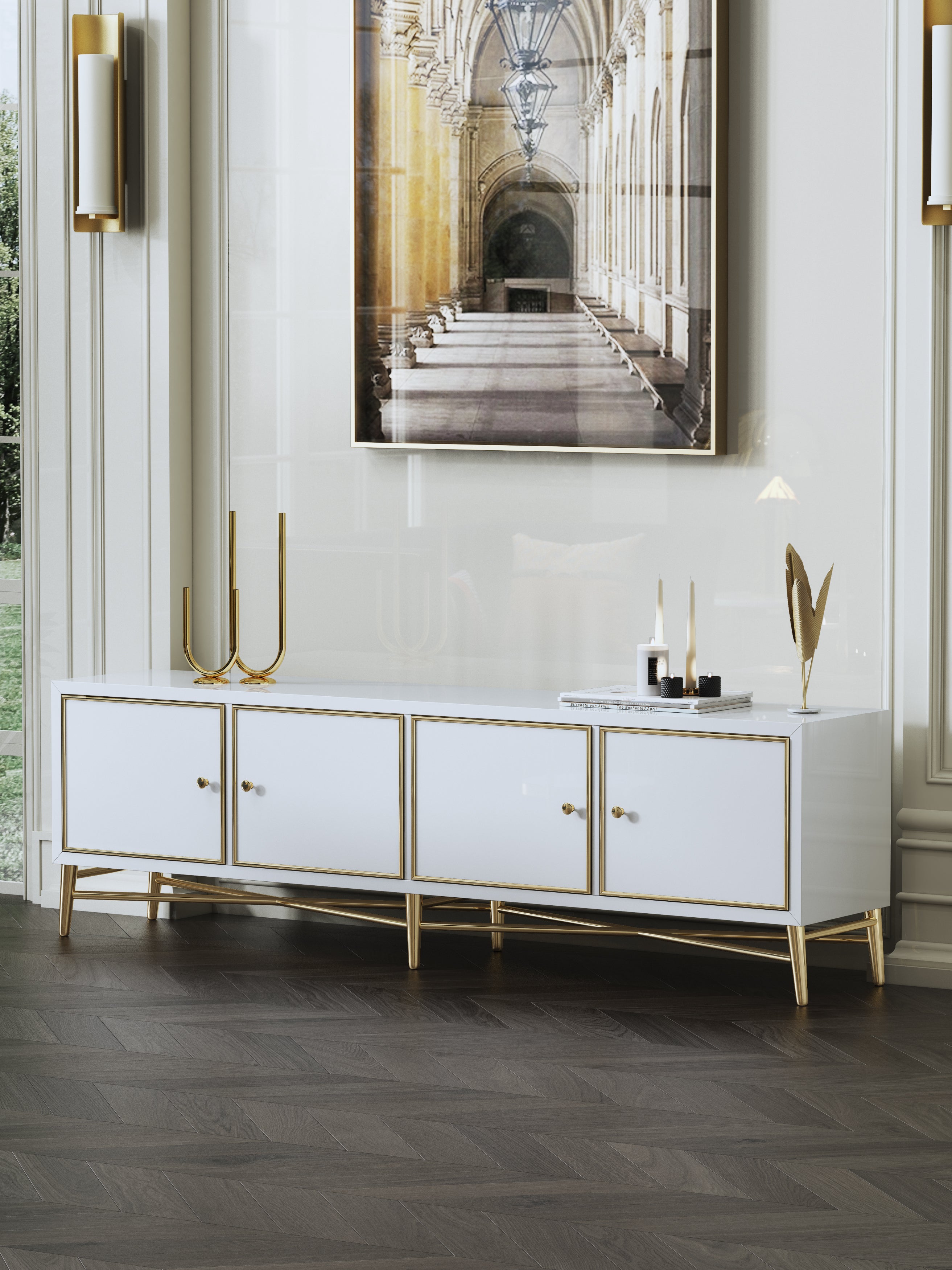 High-Gloss Media Console with Stainless Steel Accents