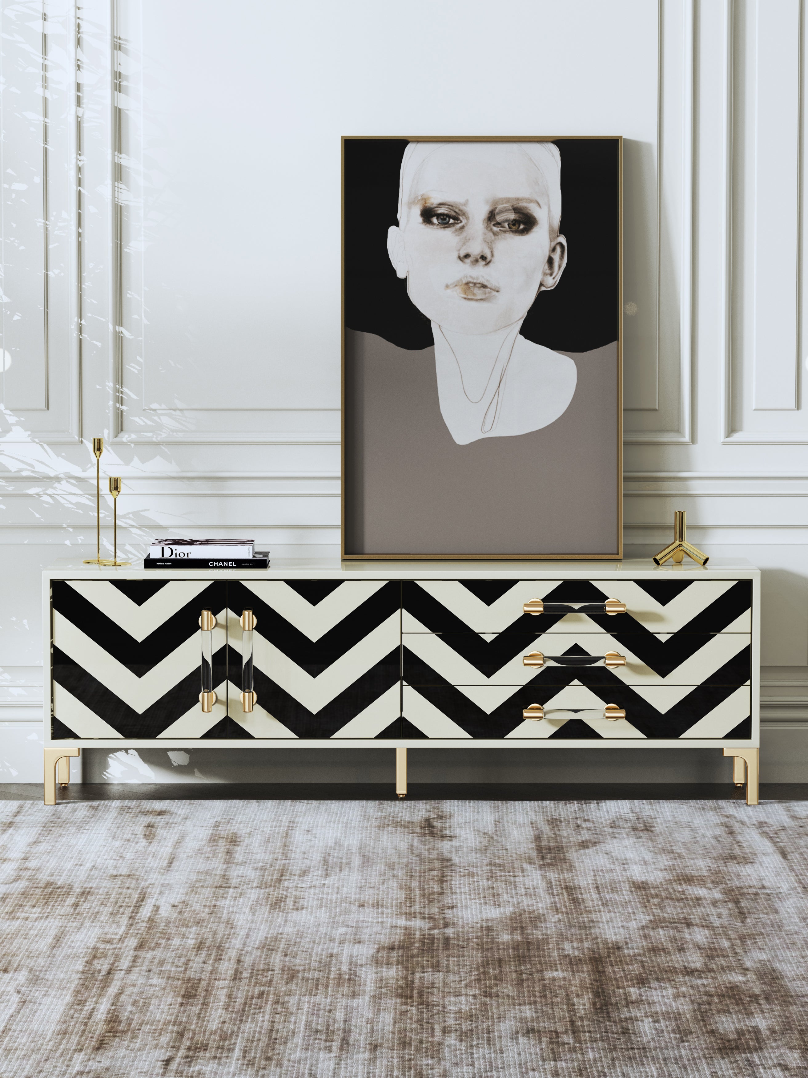 Wide High-Gloss Media Console with Stainless Steel Hardware