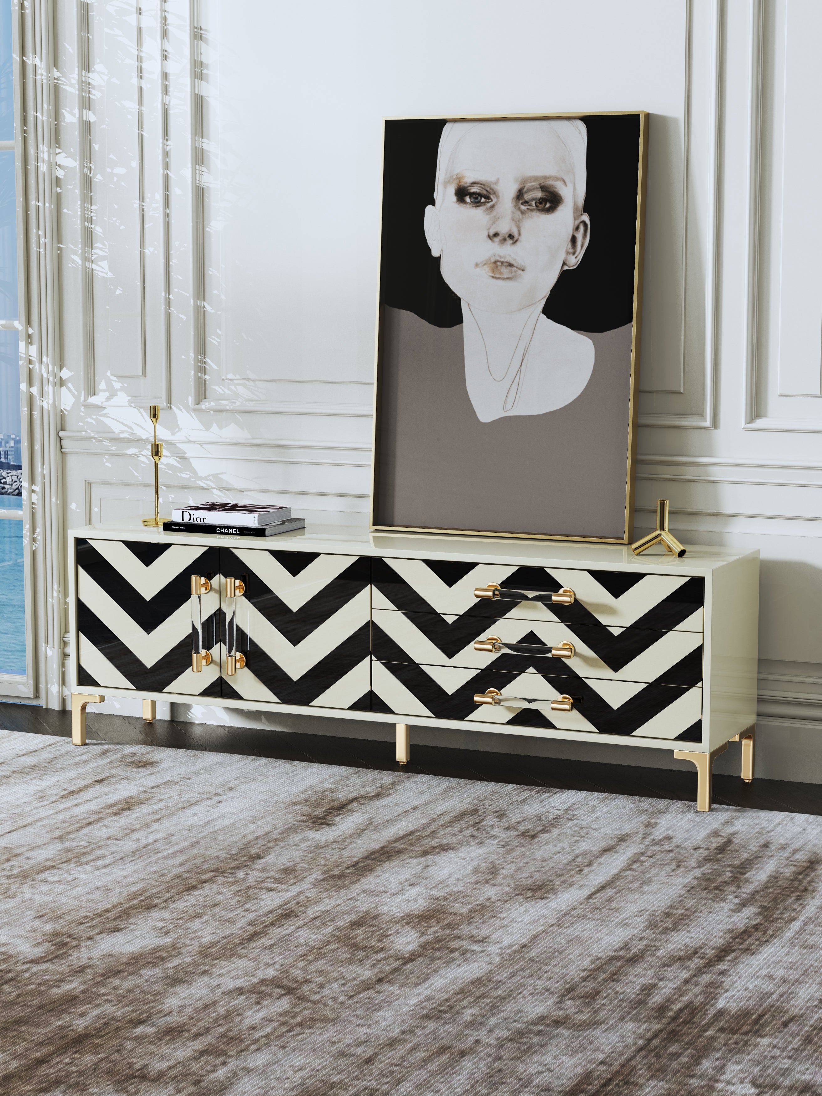 Wide High-Gloss Media Console with Stainless Steel Hardware