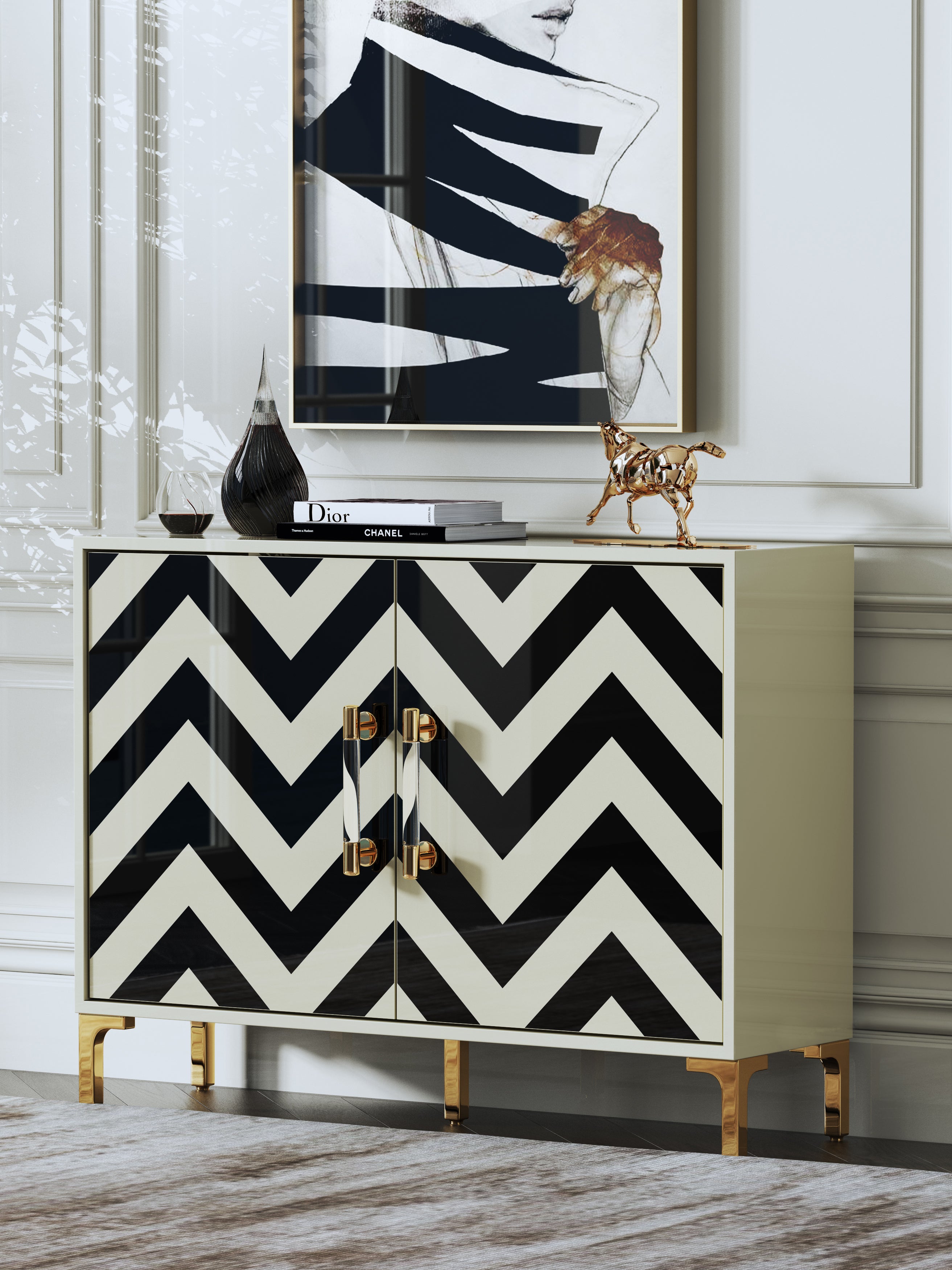 High-Gloss Sideboard with Stainless Steel Hardware
