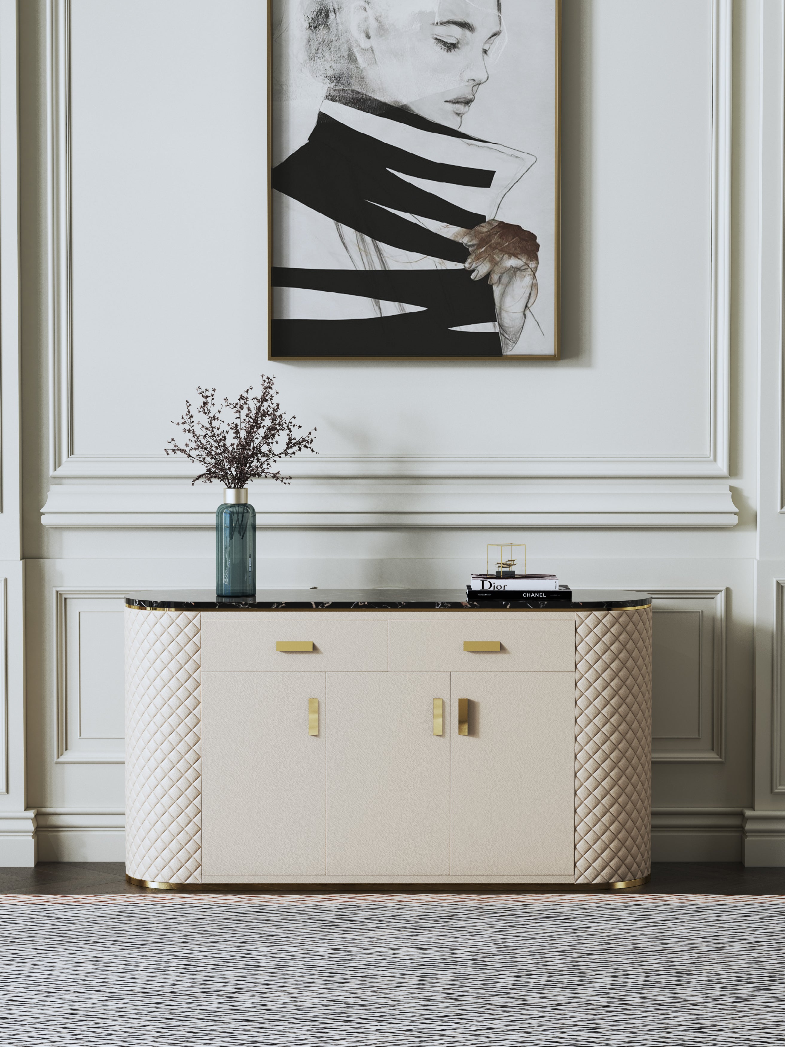 Marble-Top Leather-Wrapped Sideboard