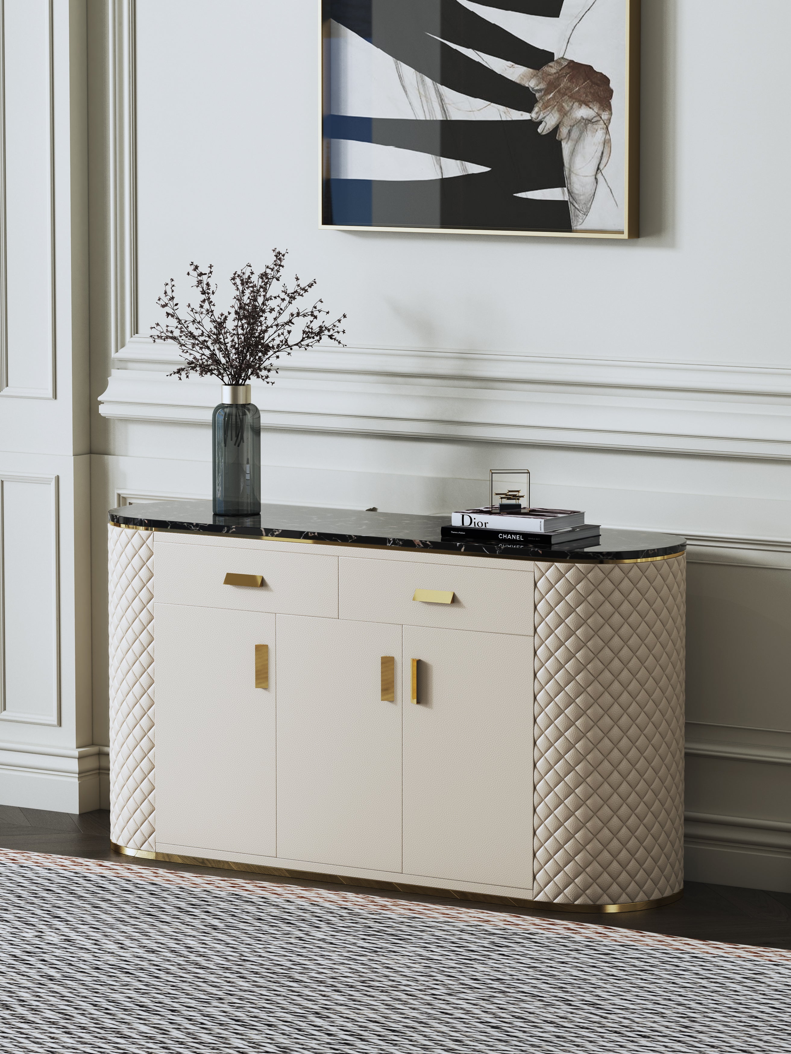 Marble-Top Leather-Wrapped Sideboard