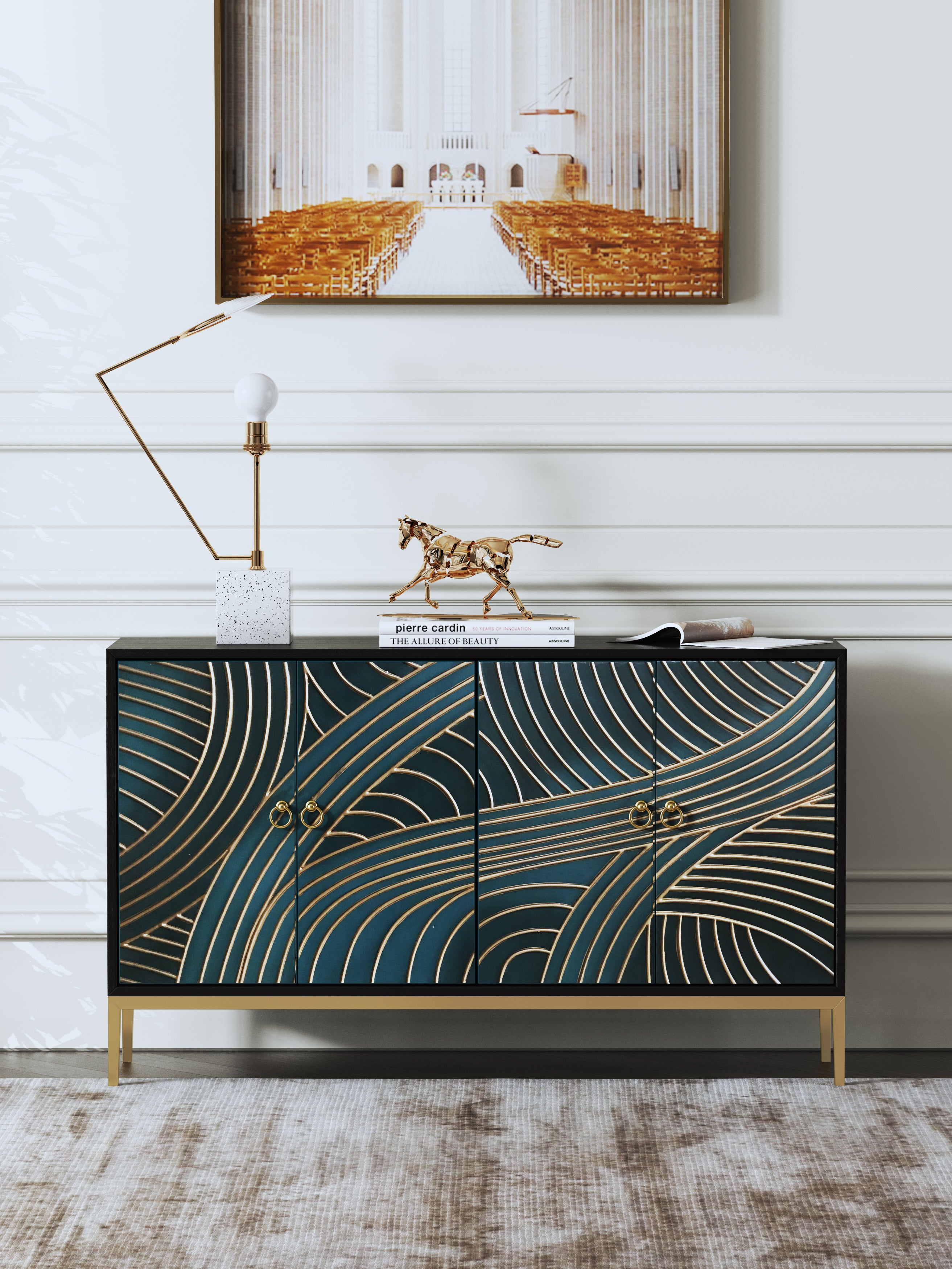 59-Inch Black Walnut Sideboard with Stainless Steel Accents