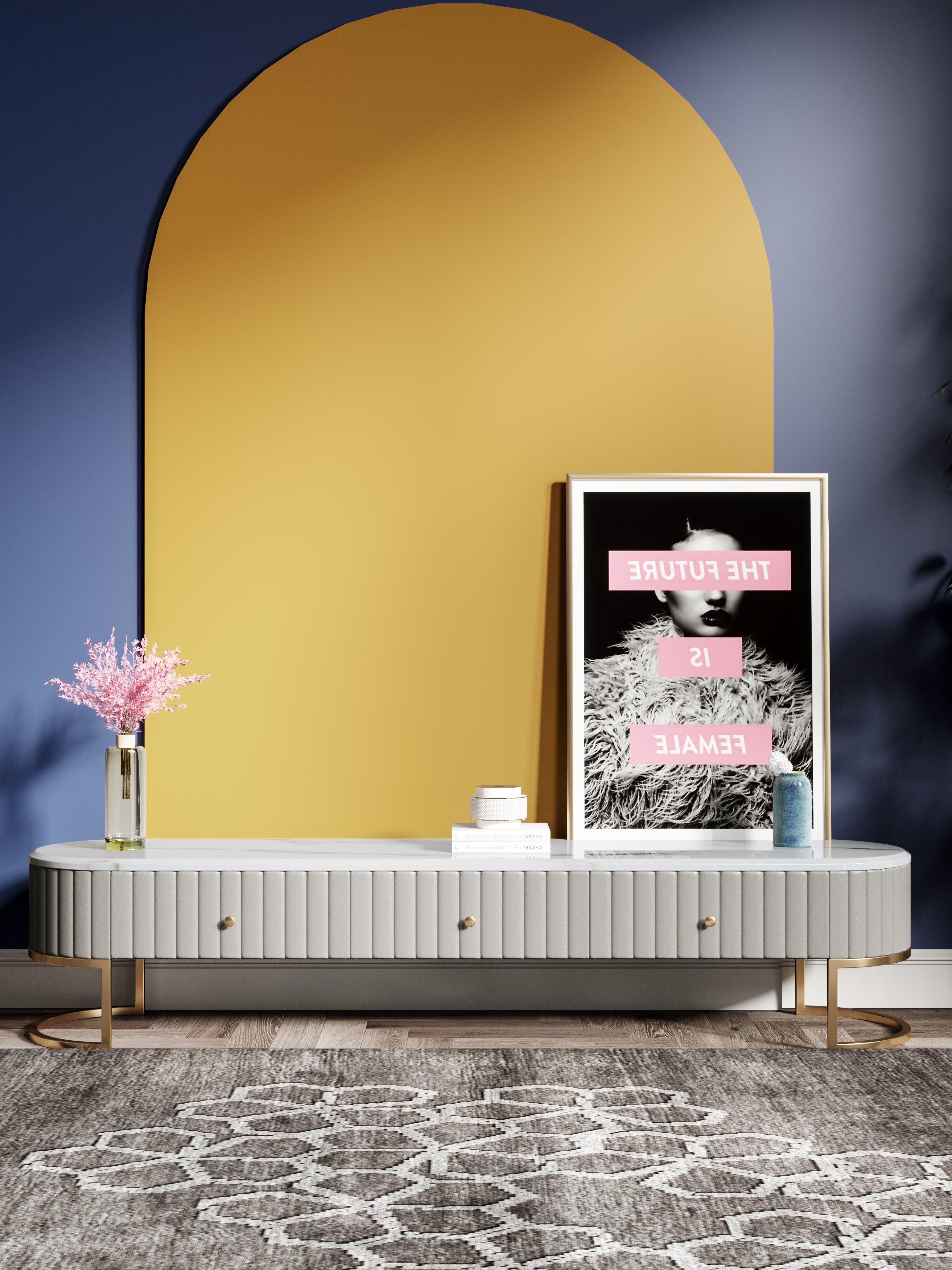 Grey Marble-Top Leather Media Console