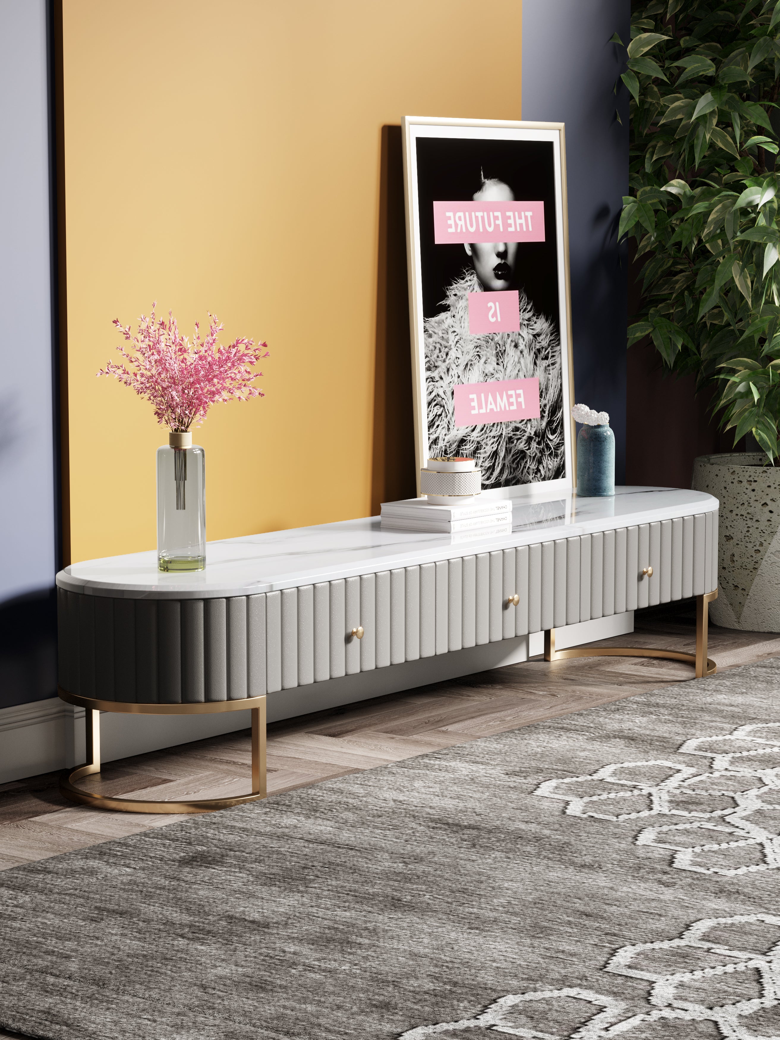 Grey Marble-Top Leather Media Console