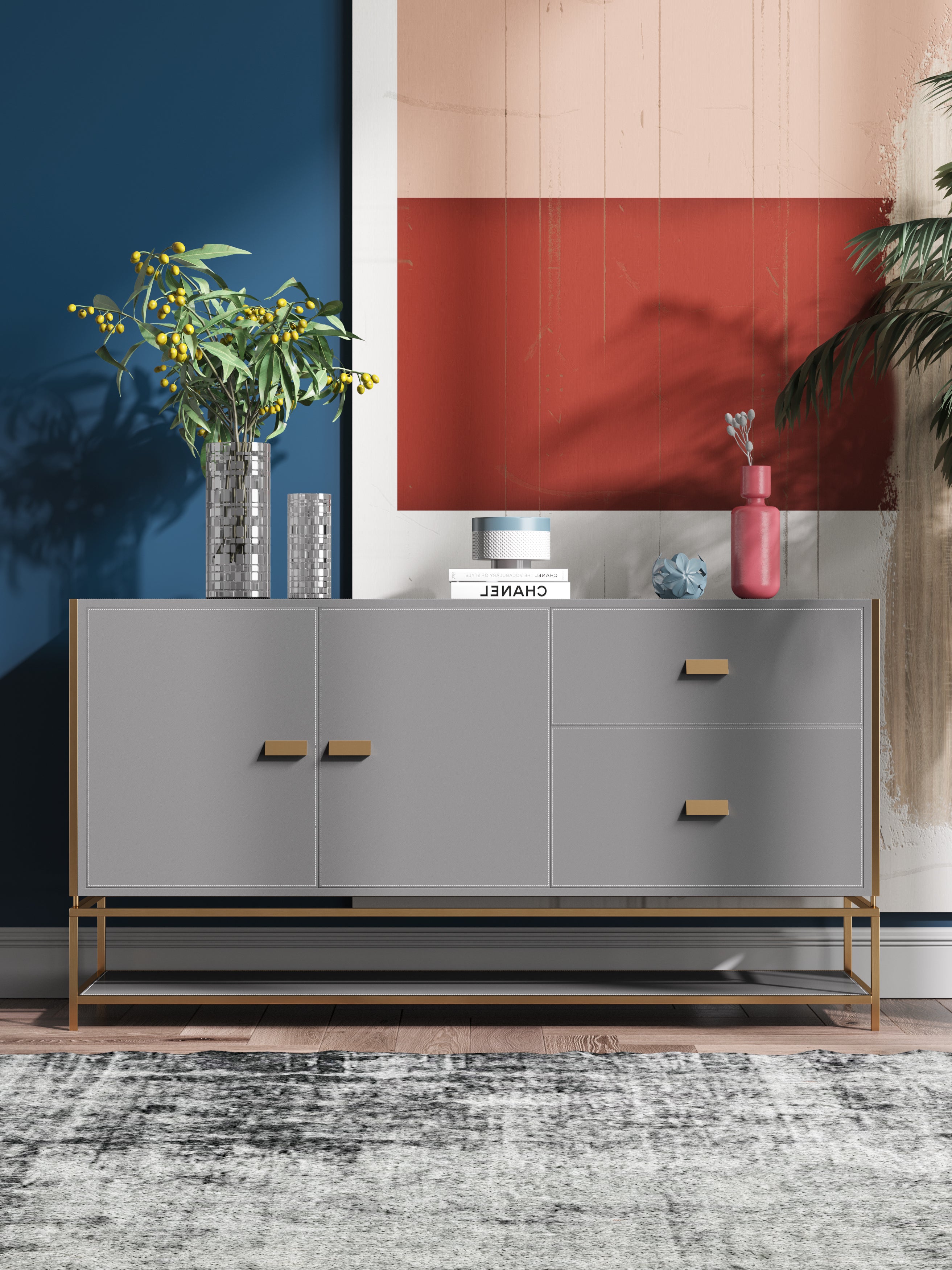 Dark Grey Microfiber Leather Sideboard
