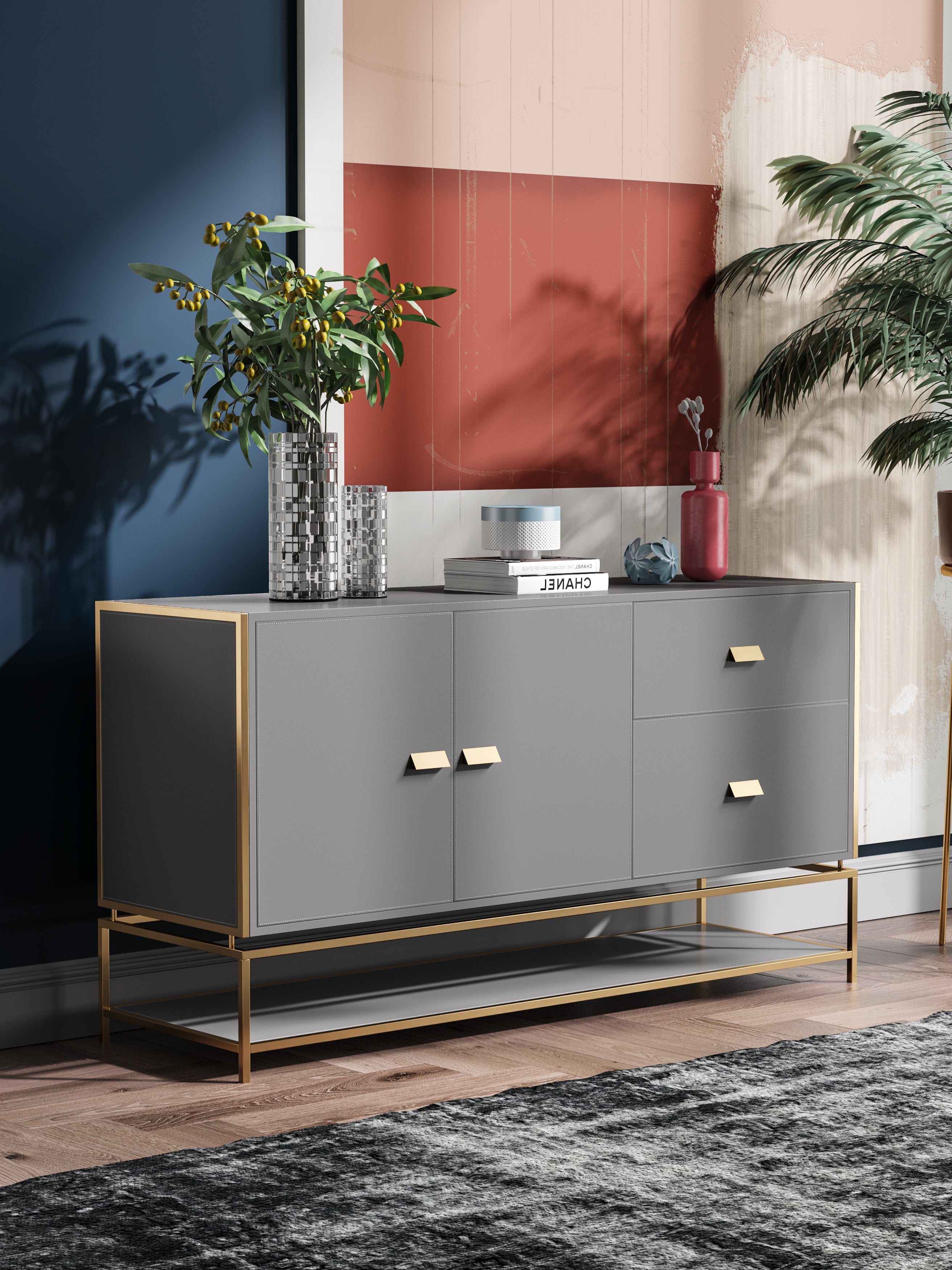 Dark Grey Microfiber Leather Sideboard