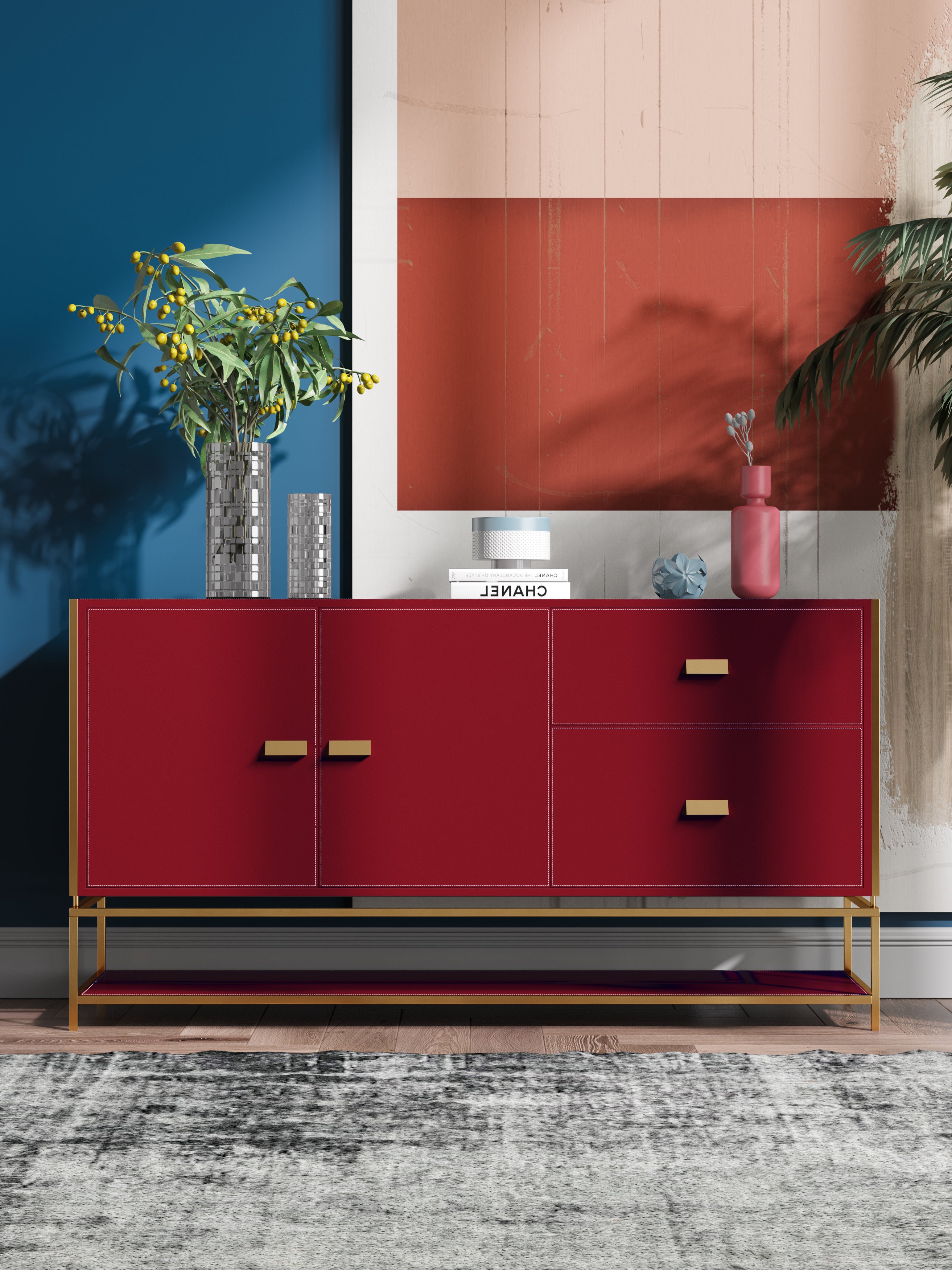 Red Microfiber Leather Sideboard